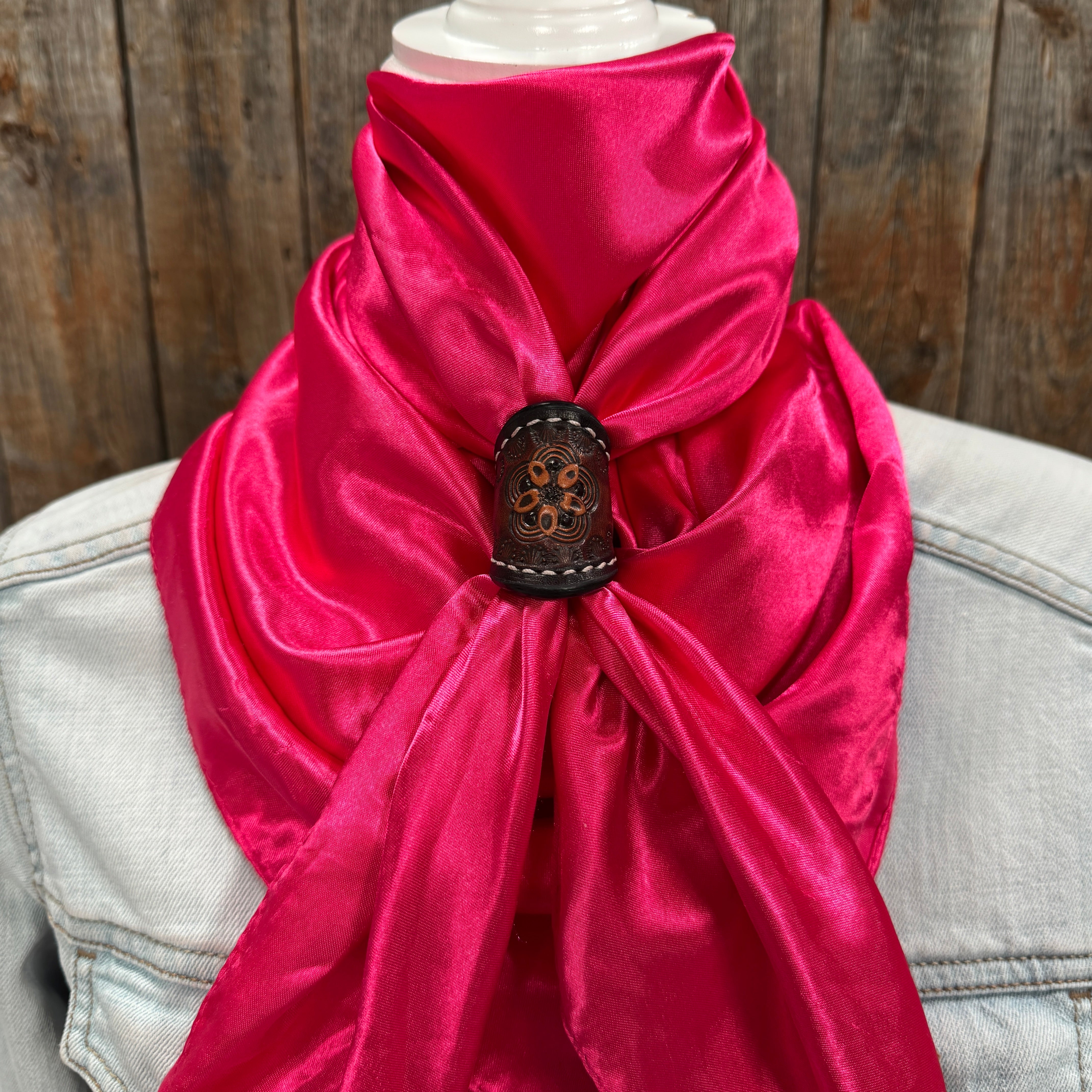 35X35" Solid Hot Pink Wild Rag / Scarf WRS25 - Tooled Leather Wild Rag Slides - Assorted