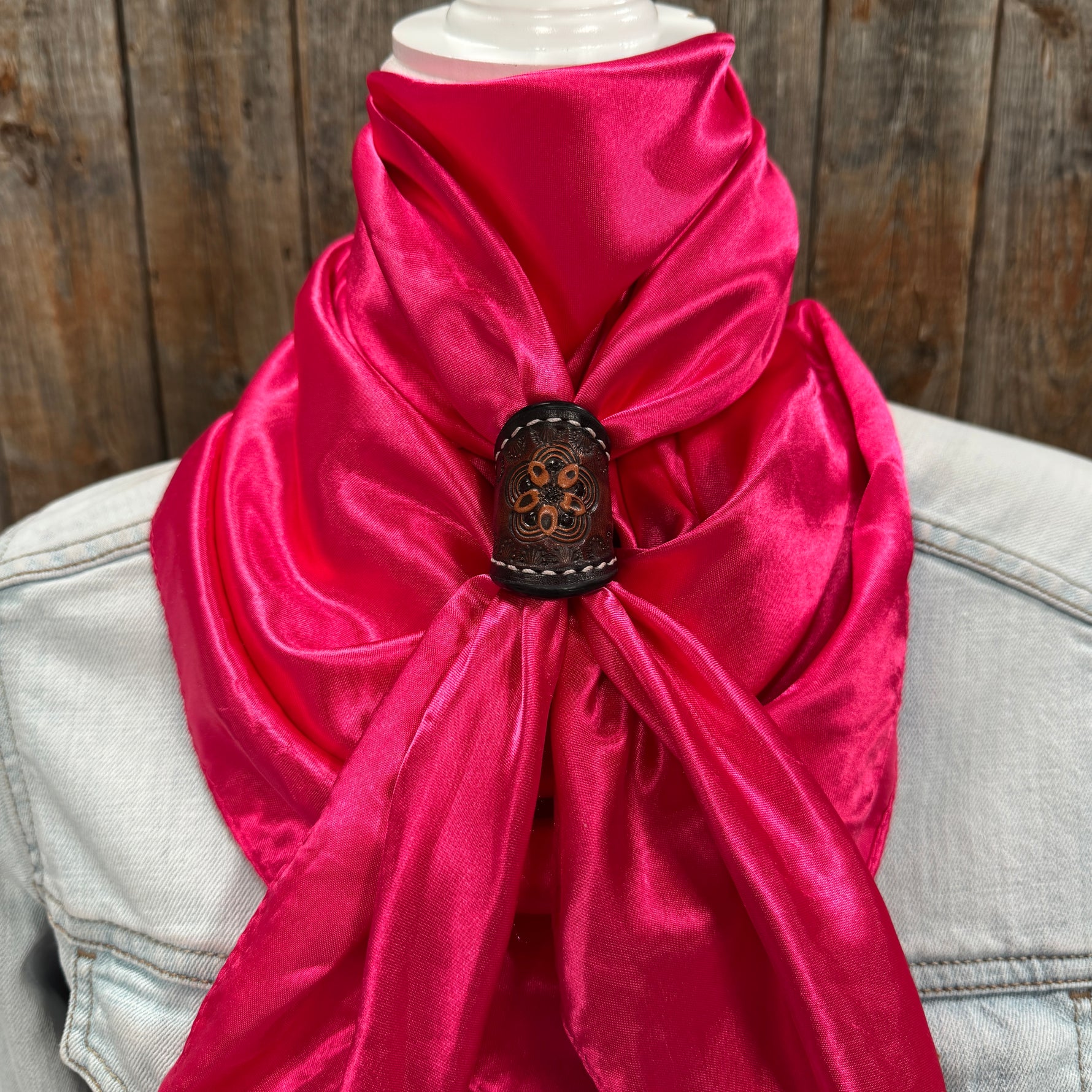 35X35" Solid Hot Pink Wild Rag / Scarf WRS25 - Tooled Leather Wild Rag Slides - Assorted
