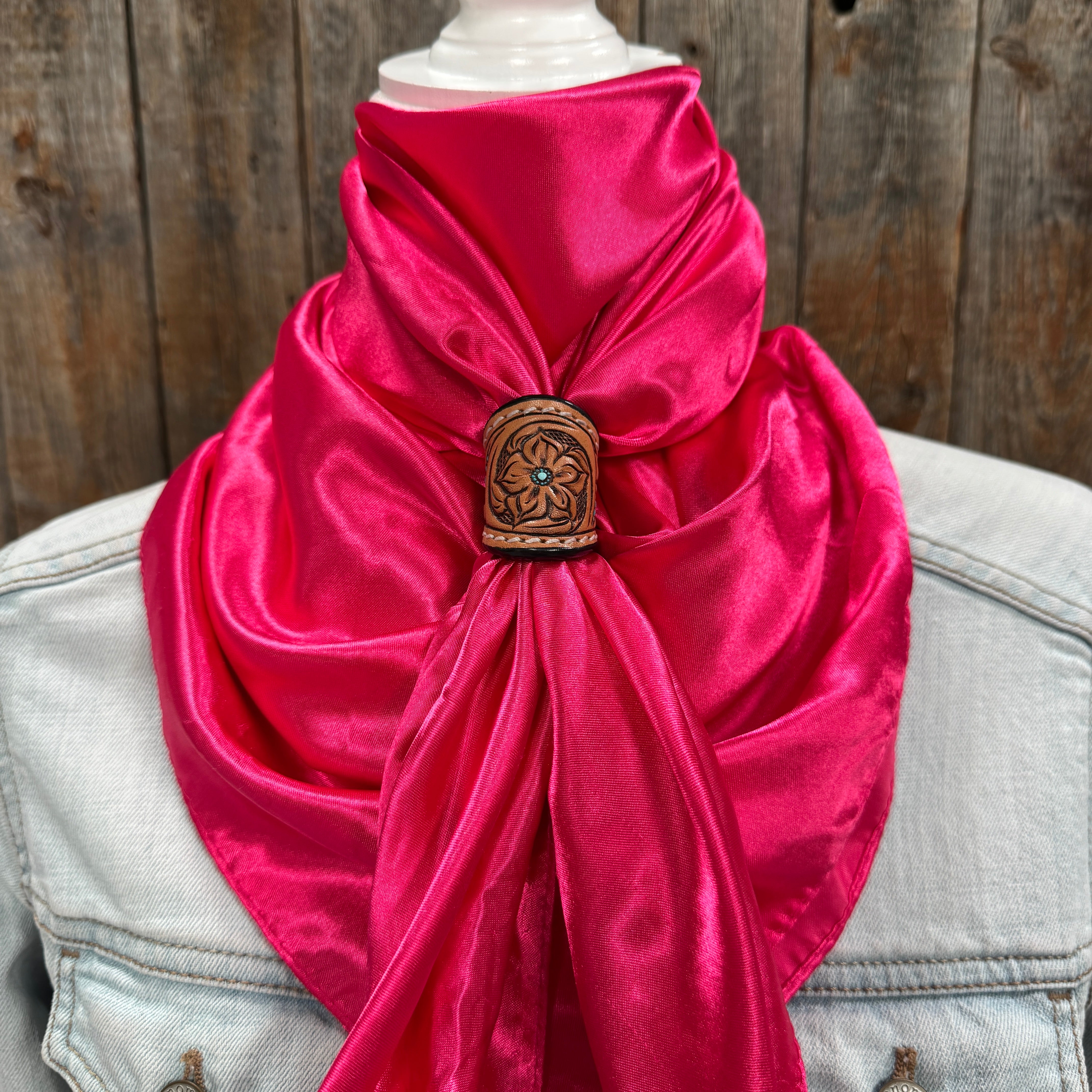 35X35" Solid Hot Pink Wild Rag / Scarf WRS25 - Tooled Leather Wild Rag Slides - Assorted