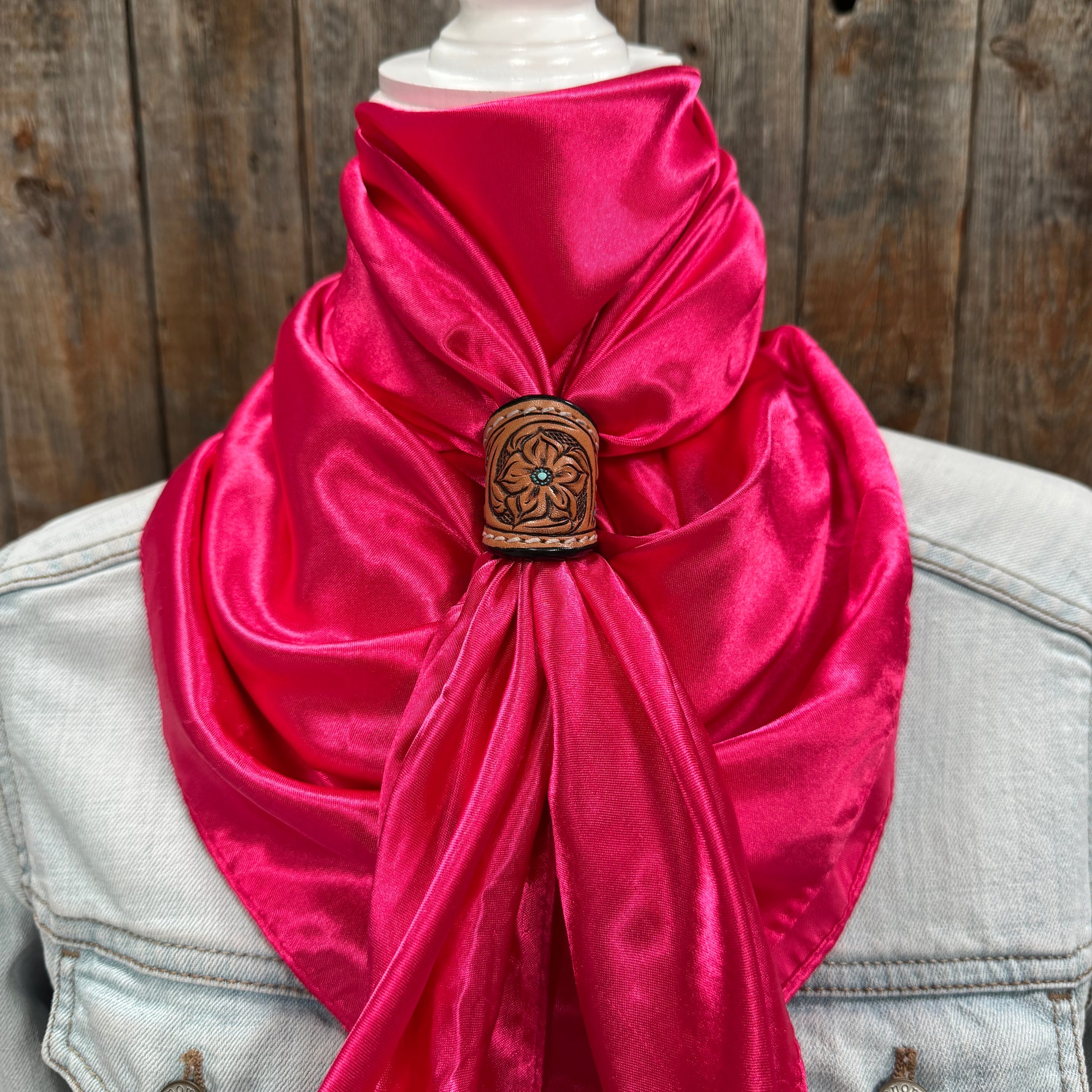 35X35" Solid Hot Pink Wild Rag / Scarf WRS25 - Tooled Leather Wild Rag Slides - Assorted