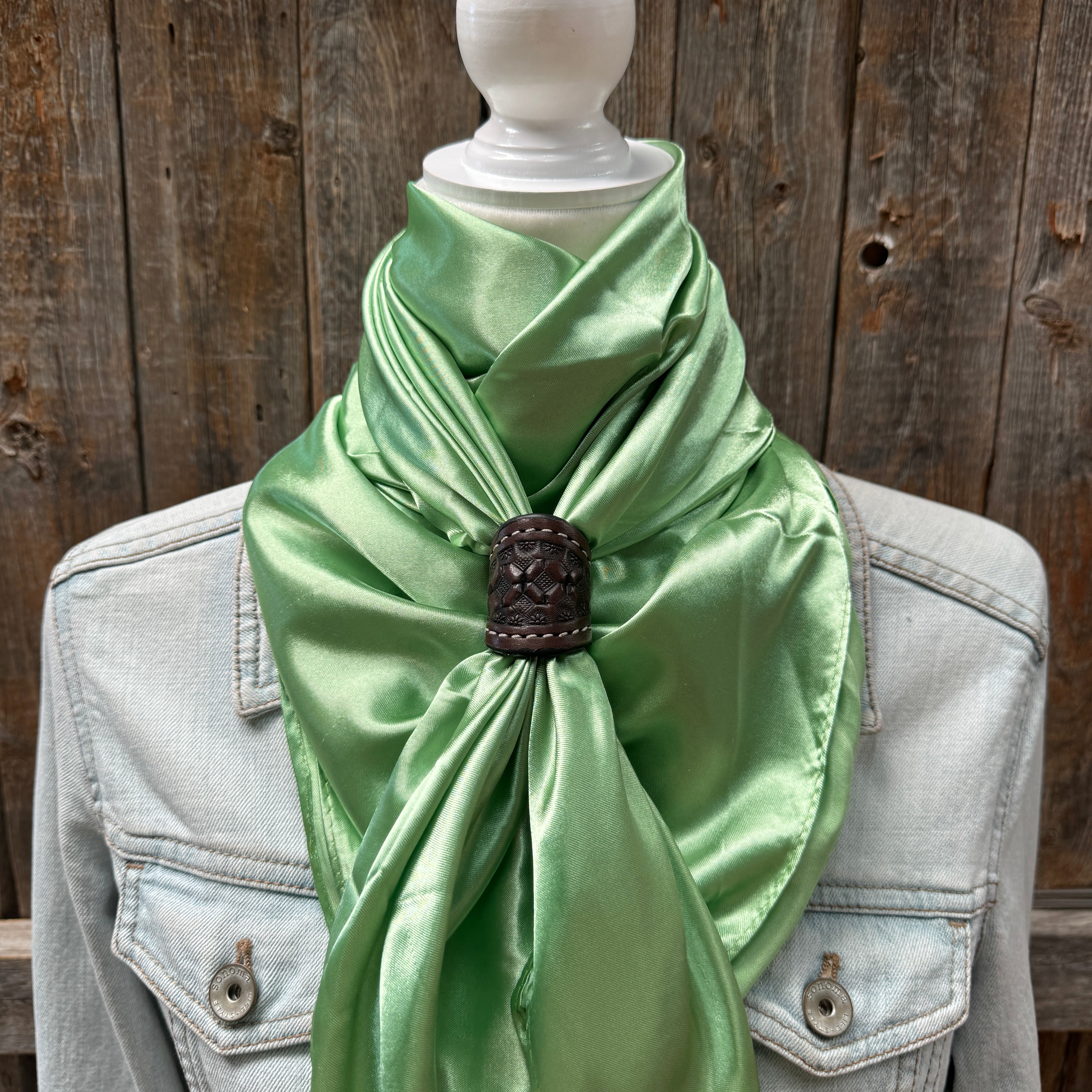 35X35" Solid Lime Wild Rag / Scarf WRS26 - Tooled Leather Wild Rag Slides - Assorted