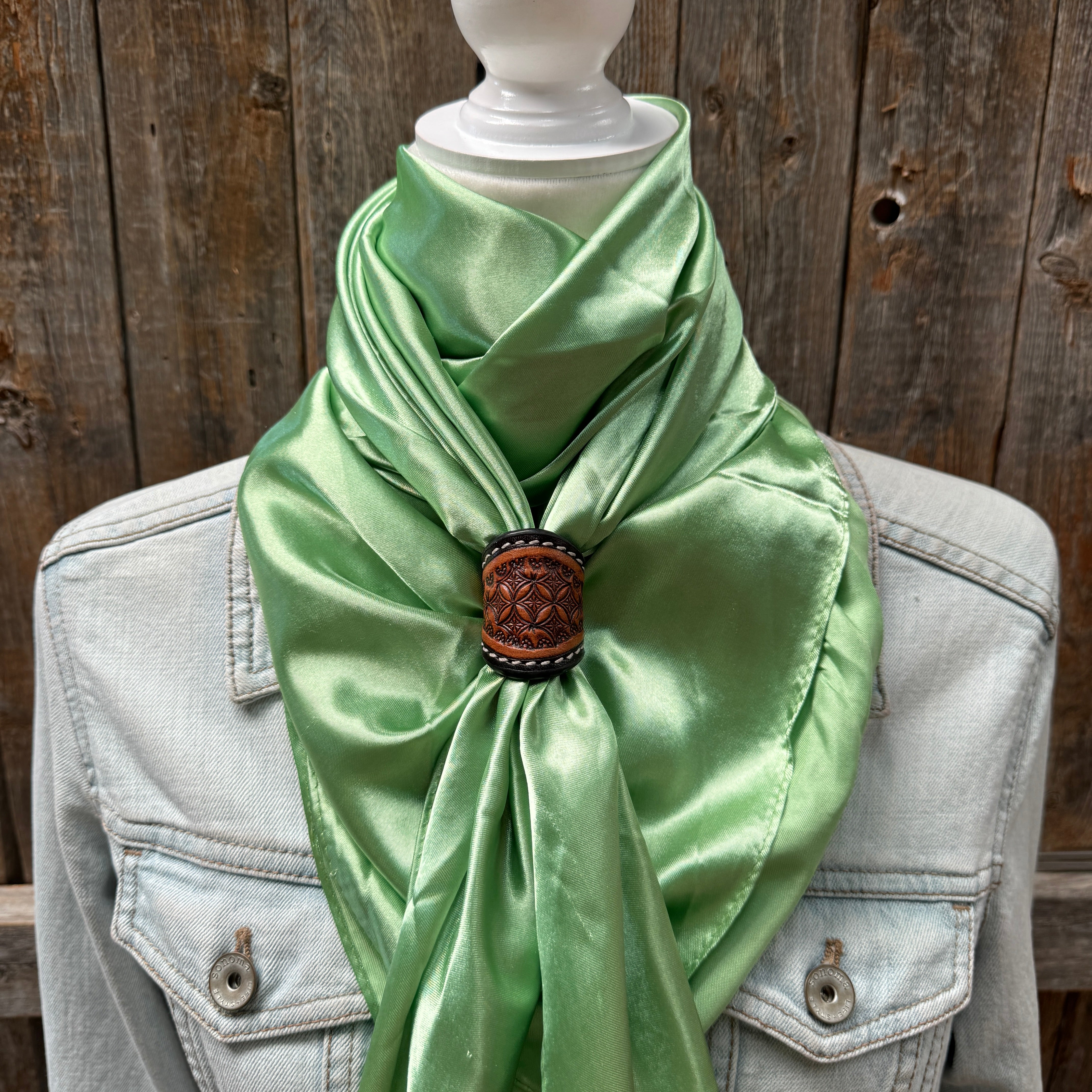 35X35" Solid Lime Wild Rag / Scarf WRS26 - Tooled Leather Wild Rag Slides - Assorted