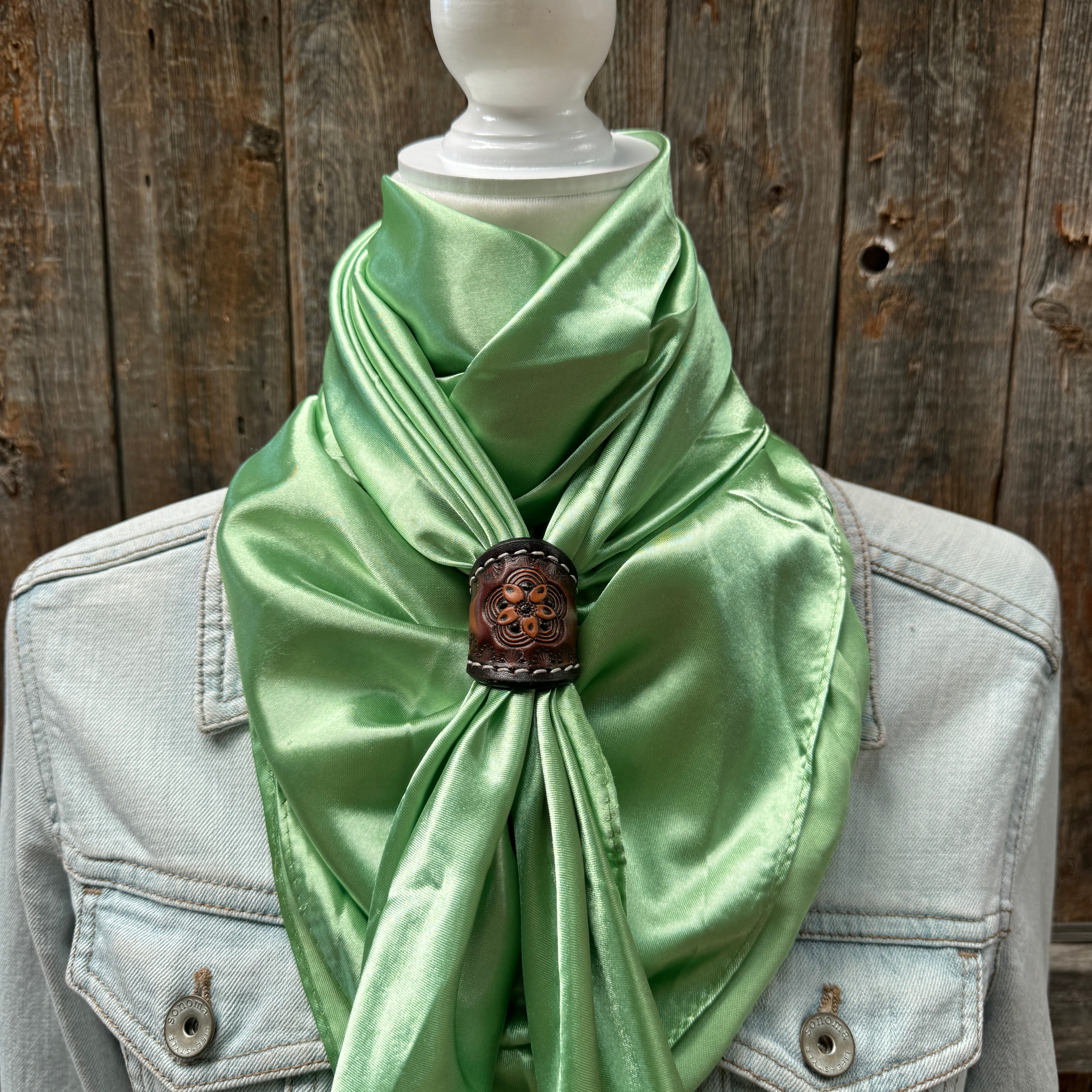 35X35" Solid Lime Wild Rag / Scarf WRS26 - Tooled Leather Wild Rag Slides - Assorted