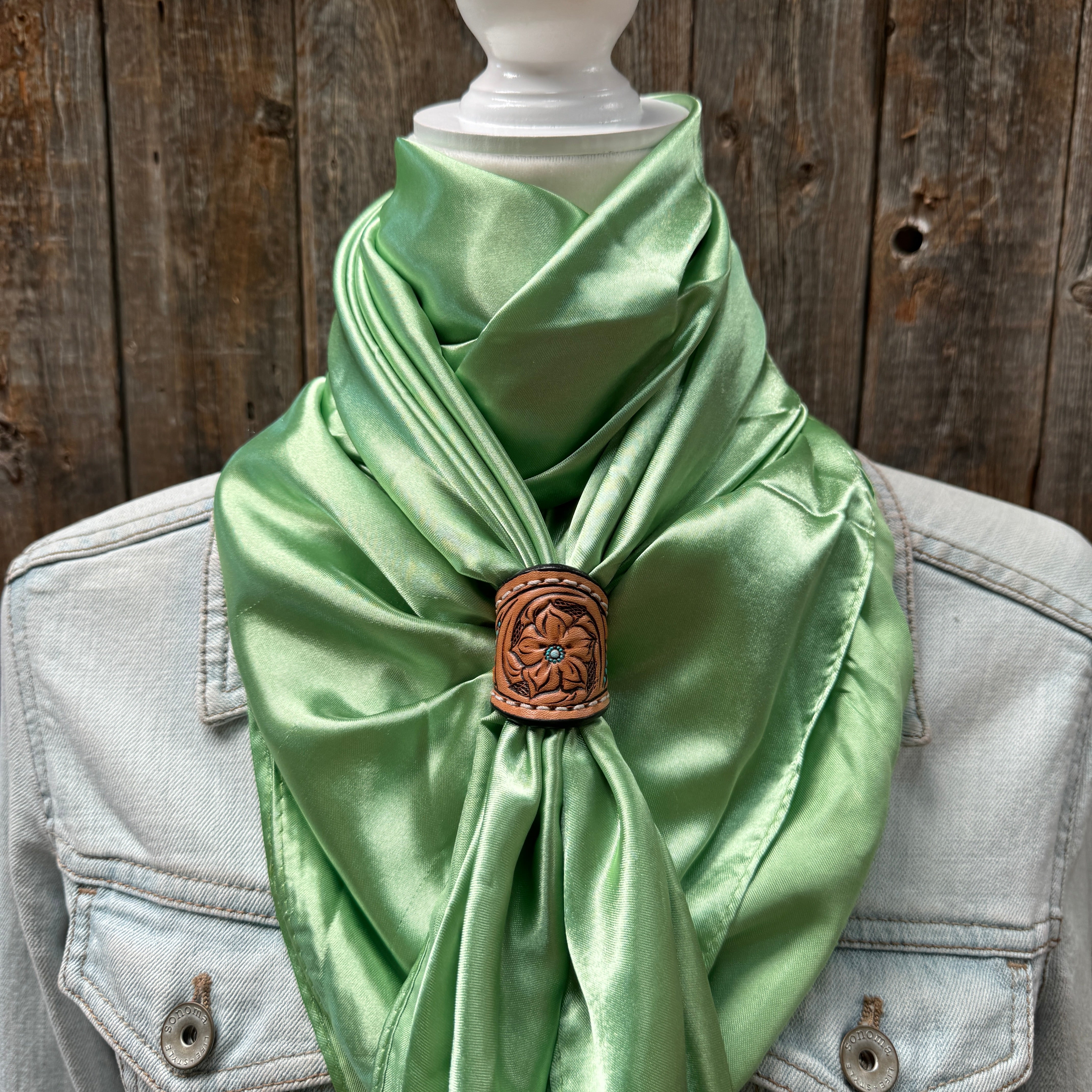 35X35" Solid Lime Wild Rag / Scarf WRS26 - Tooled Leather Wild Rag Slides - Assorted