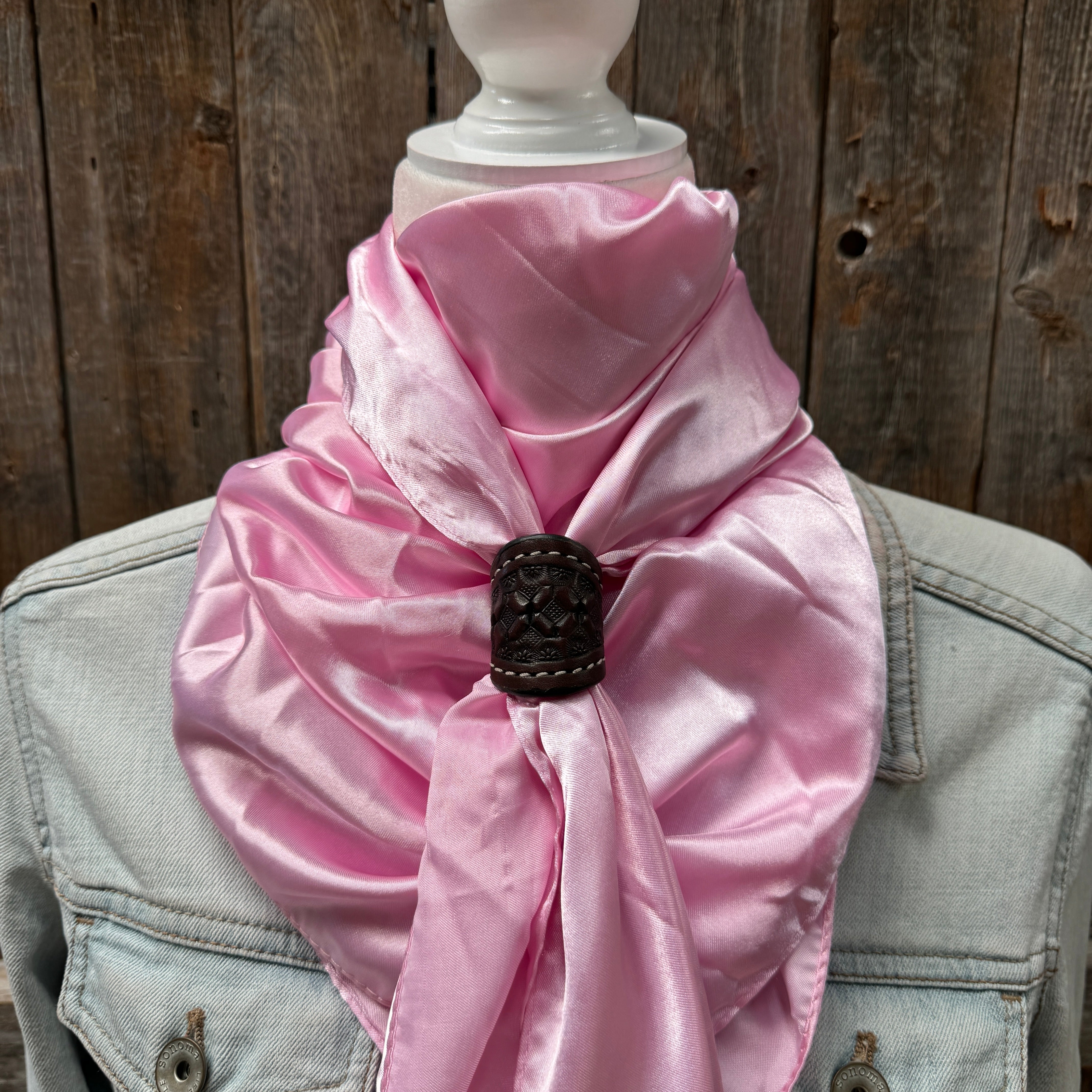 35X35" Solid Pink Wild Rag / Scarf WRS27 - Tooled Leather Wild Rag Slides - Assorted