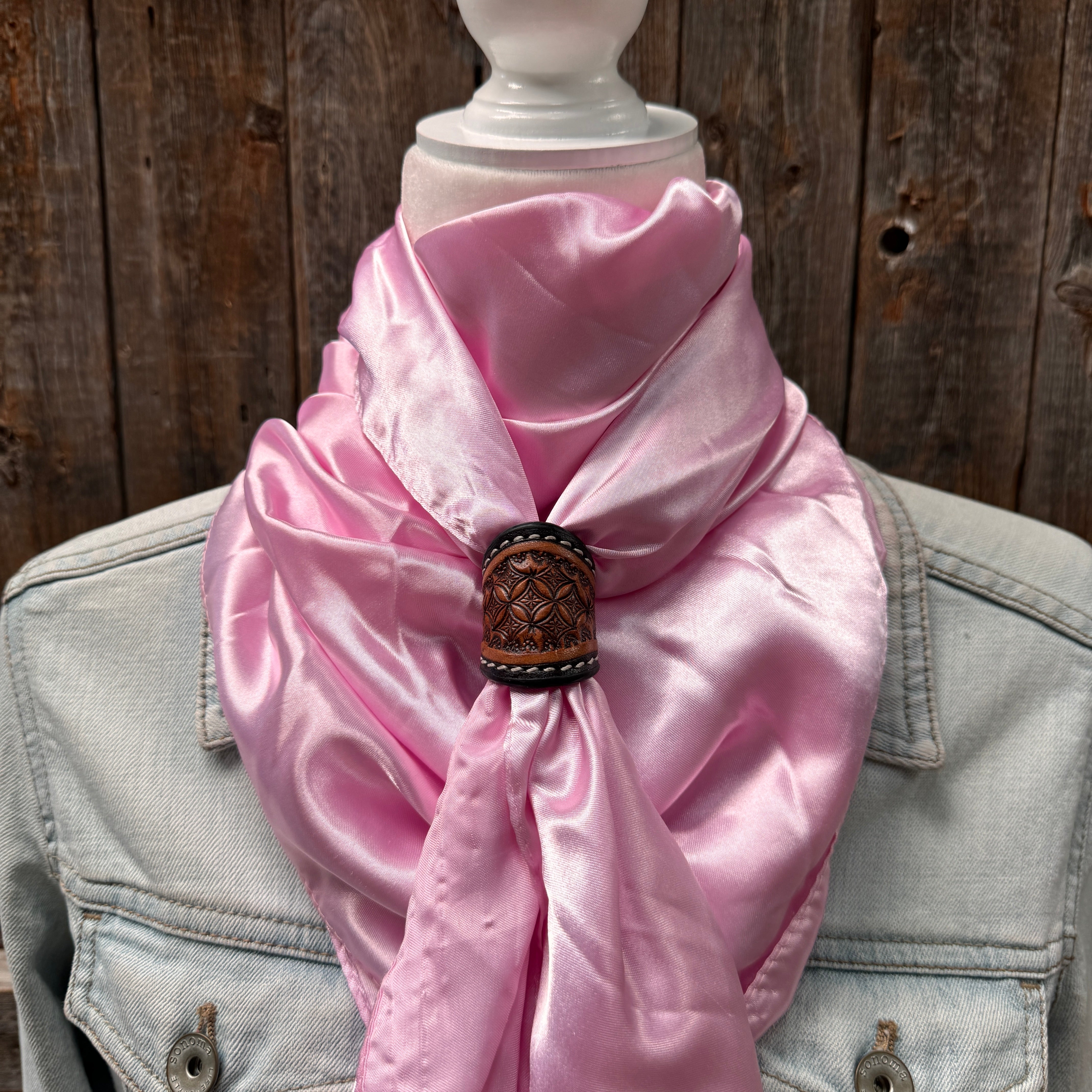 35X35" Solid Pink Wild Rag / Scarf WRS27 - Tooled Leather Wild Rag Slides - Assorted