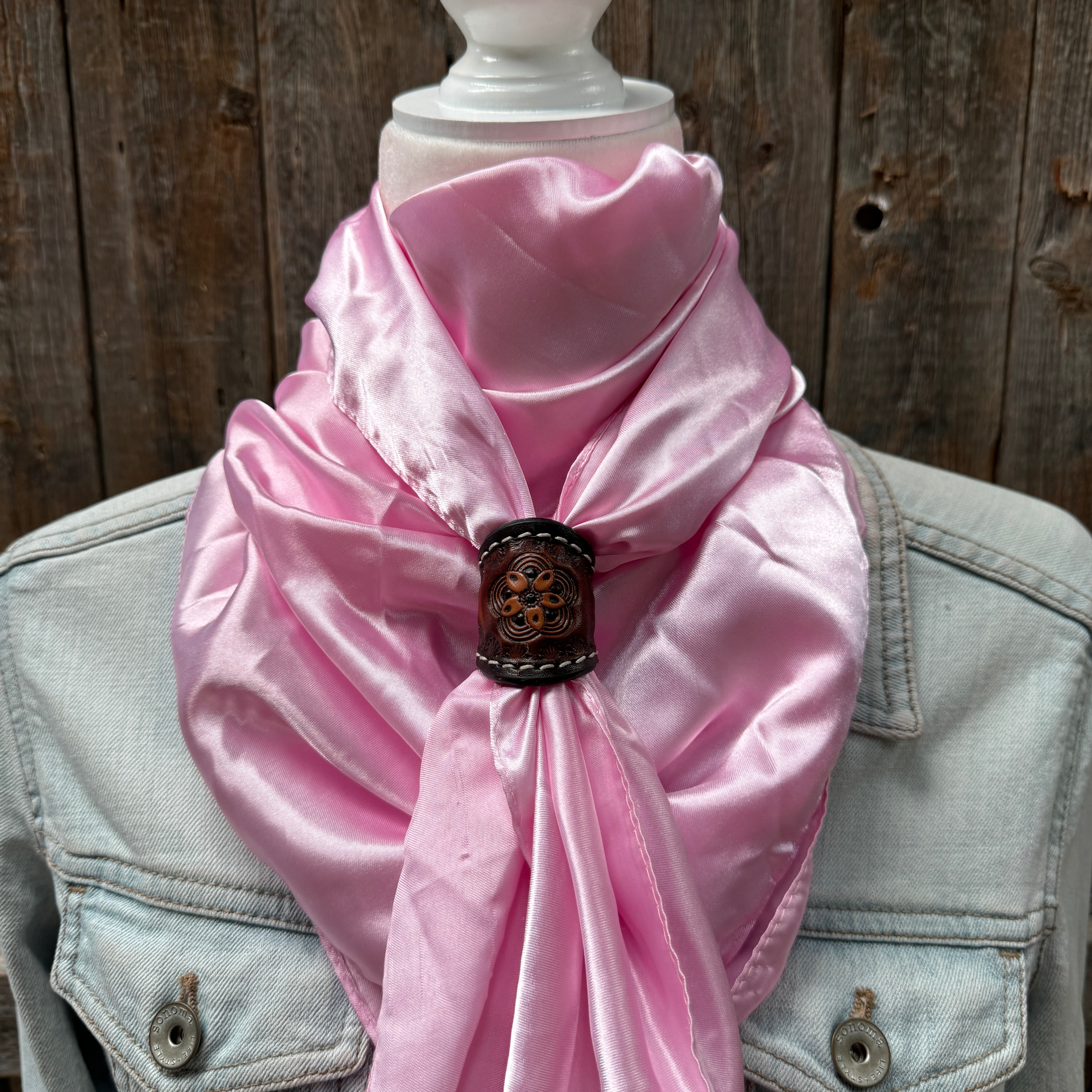 35X35" Solid Pink Wild Rag / Scarf WRS27 - Tooled Leather Wild Rag Slides - Assorted