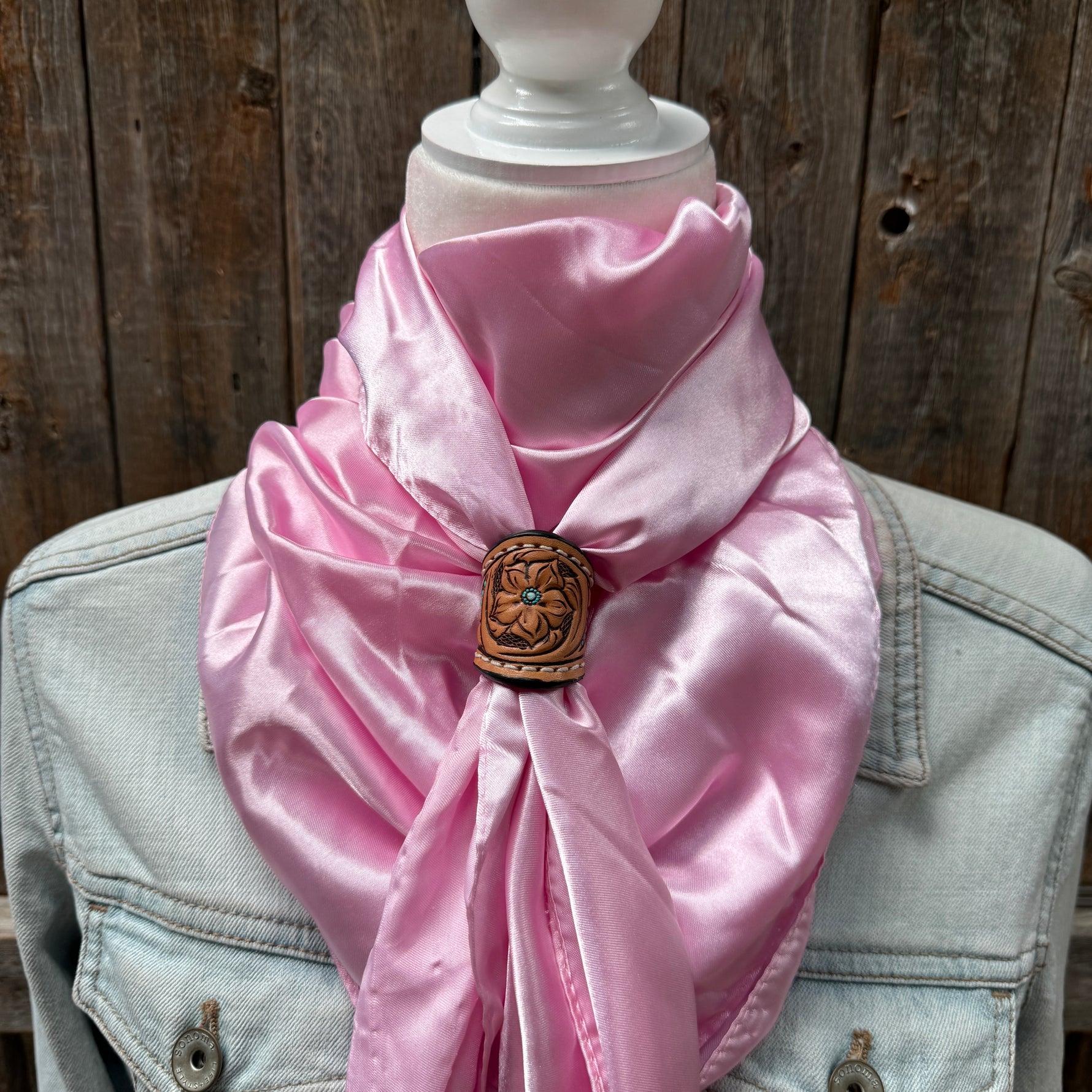 35X35" Solid Pink Wild Rag / Scarf WRS27 - Tooled Leather Wild Rag Slides - Assorted