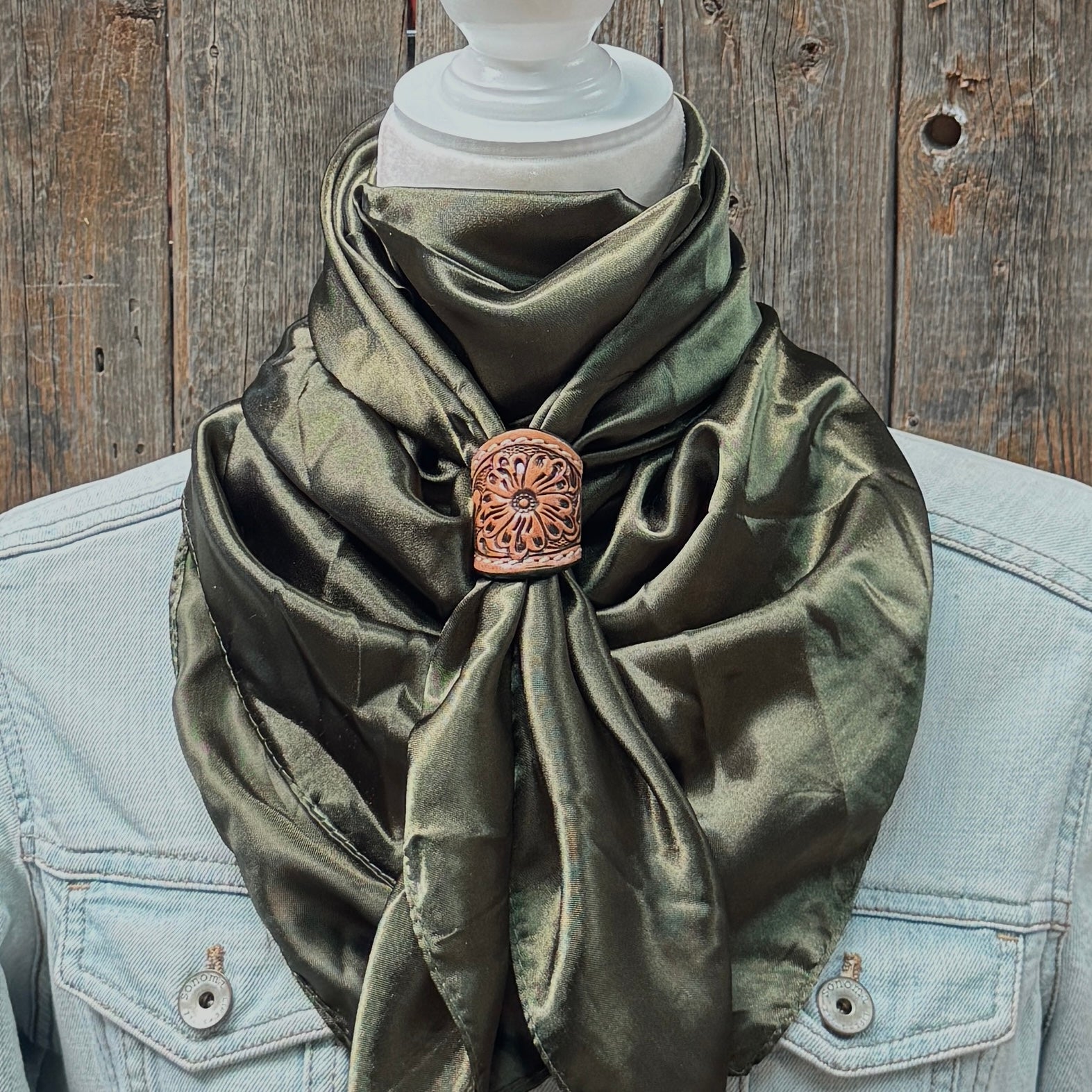 35X35" Solid Olive Wild Rag / Scarf WRS28 - Tooled Leather Wild Rag Slides - Assorted