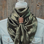 35X35" Solid Olive Wild Rag / Scarf WRS28 - Tooled Leather Wild Rag Slides - Assorted