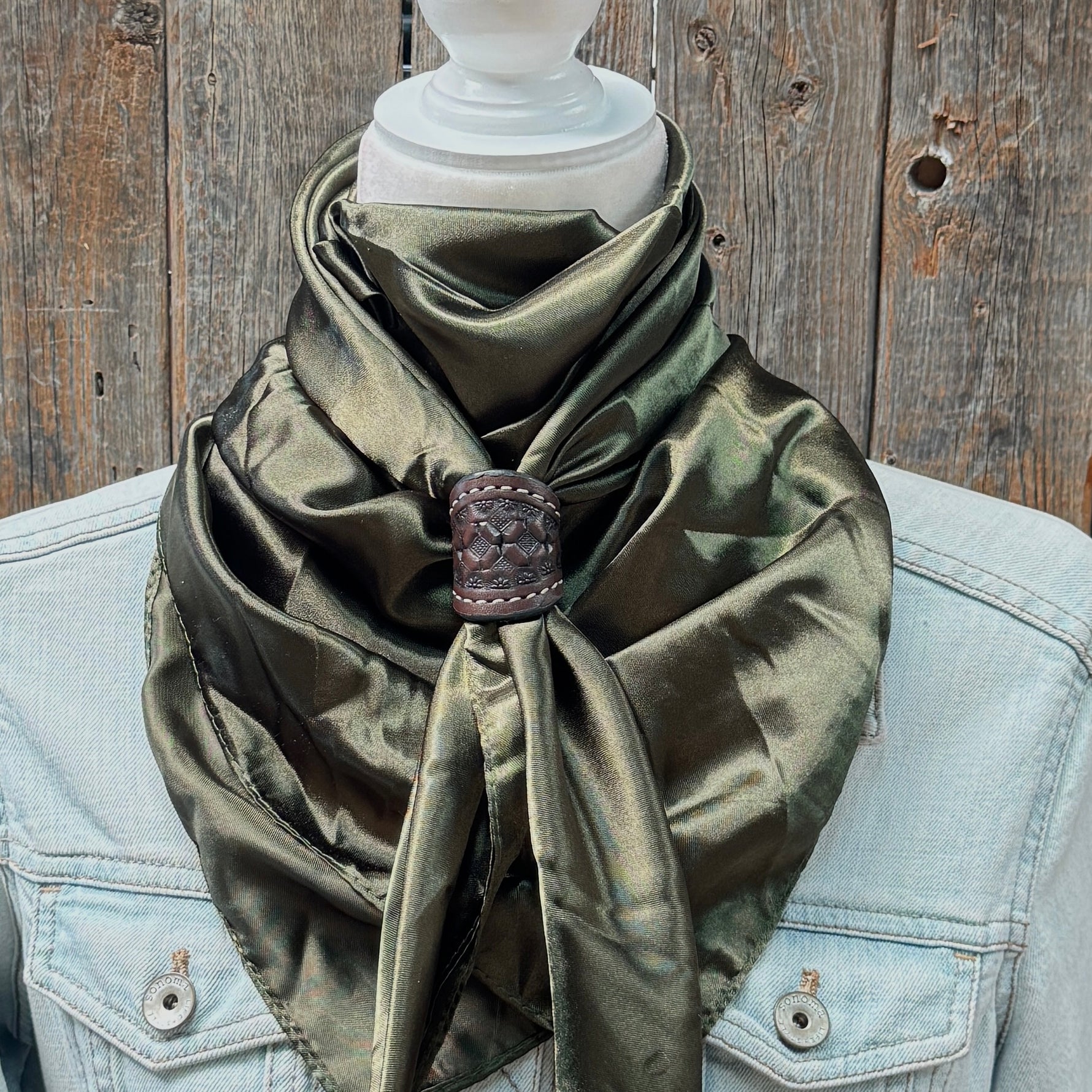 35X35" Solid Olive Wild Rag / Scarf WRS28 - Tooled Leather Wild Rag Slides - Assorted