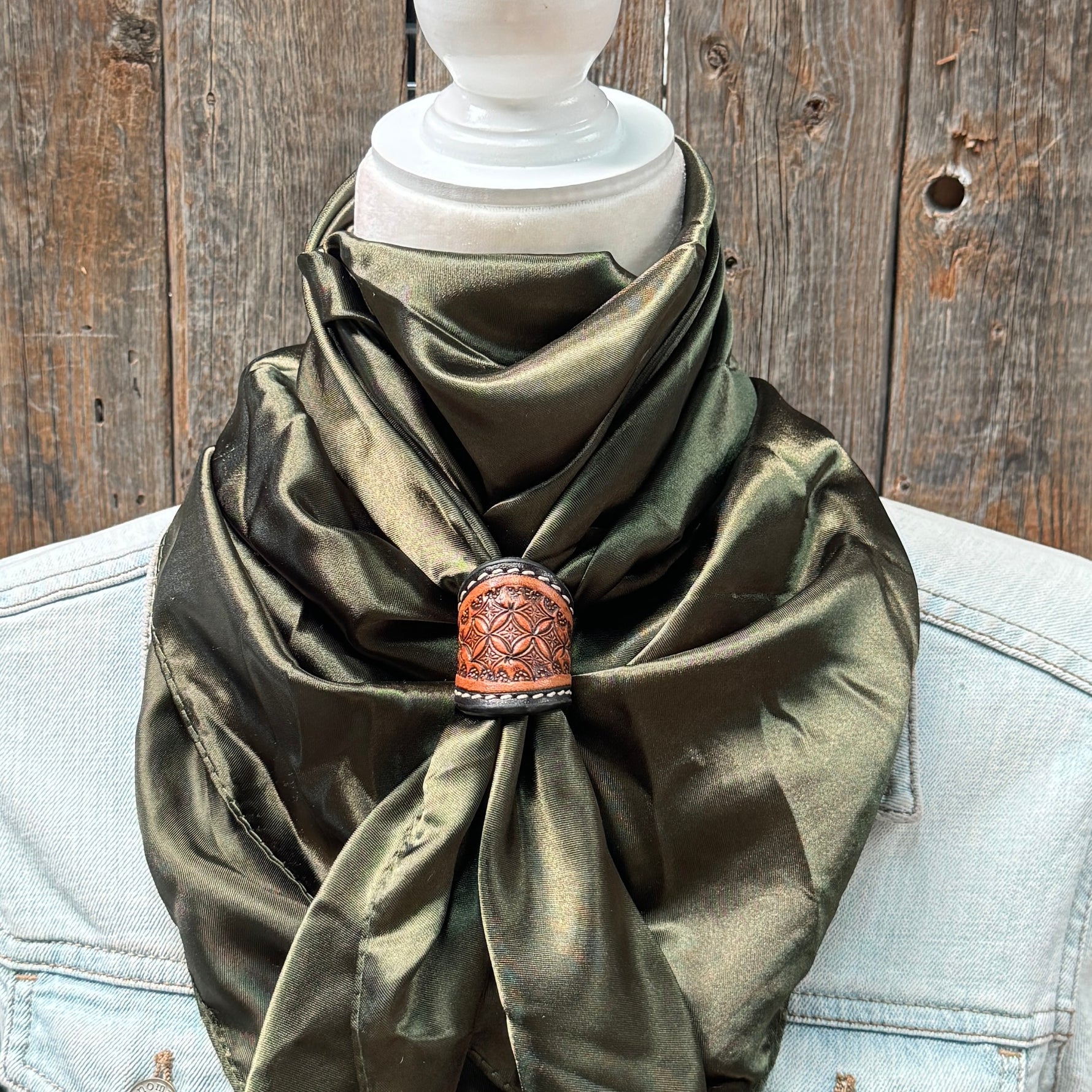 35X35" Solid Olive Wild Rag / Scarf WRS28 - Tooled Leather Wild Rag Slides - Assorted