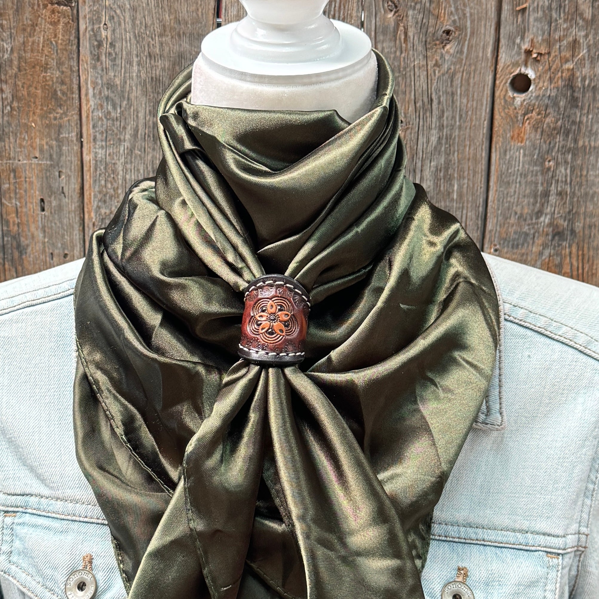 35X35" Solid Olive Wild Rag / Scarf WRS28 - Tooled Leather Wild Rag Slides - Assorted