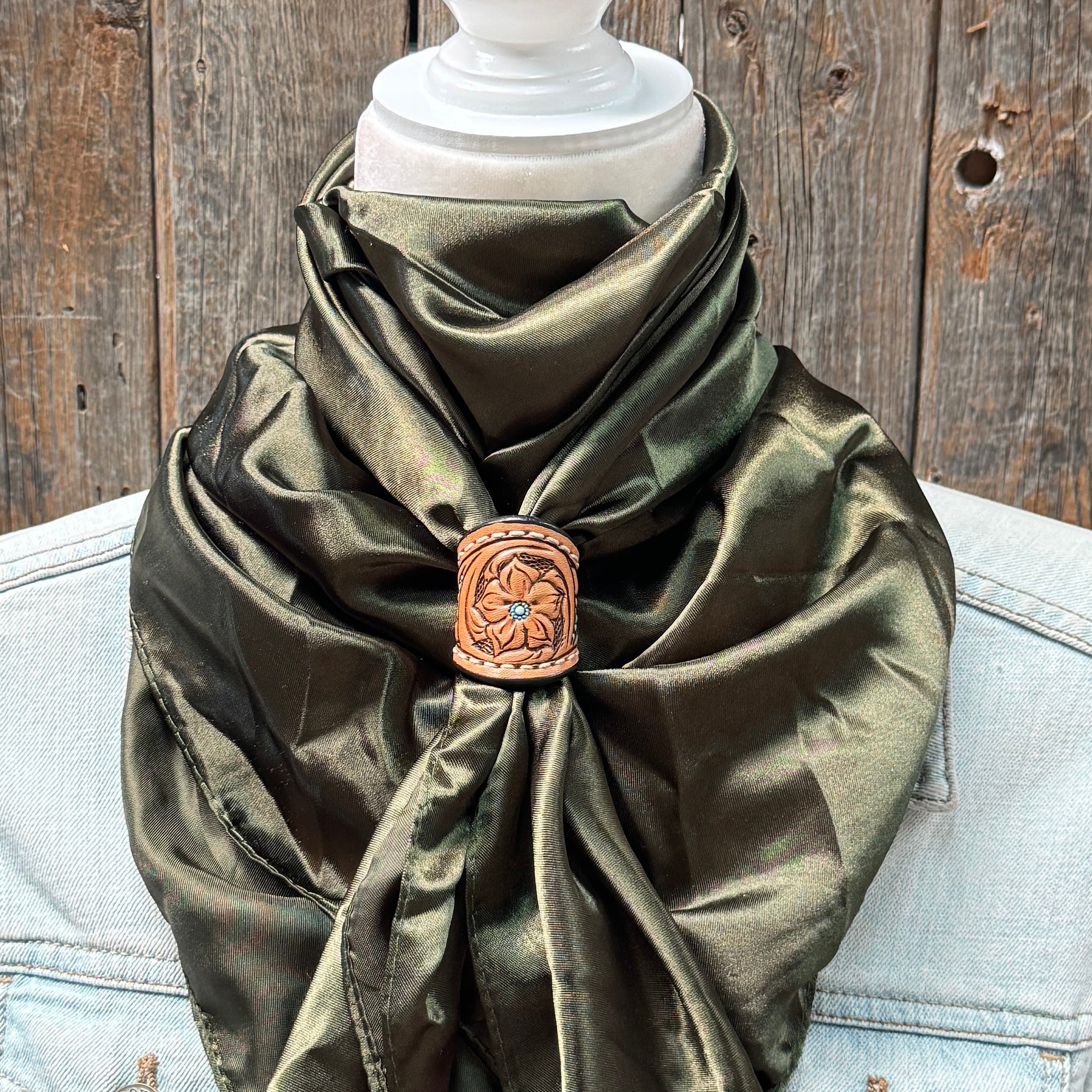 35X35" Solid Olive Wild Rag / Scarf WRS28 - Tooled Leather Wild Rag Slides - Assorted