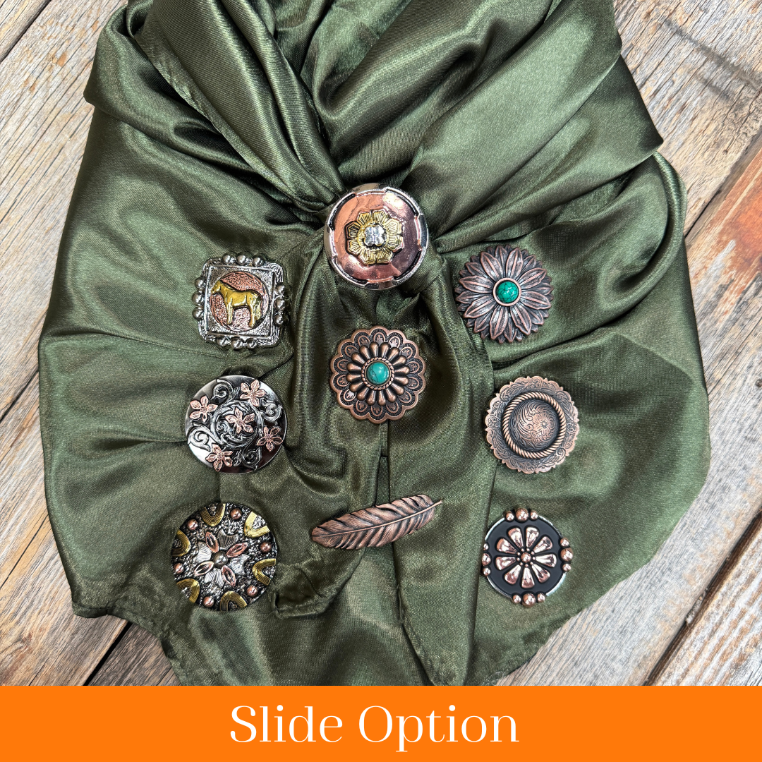 35X35" Solid Olive Wild Rag / Scarf WRS28 - Western Concho Wild Rag Slides - Assorted