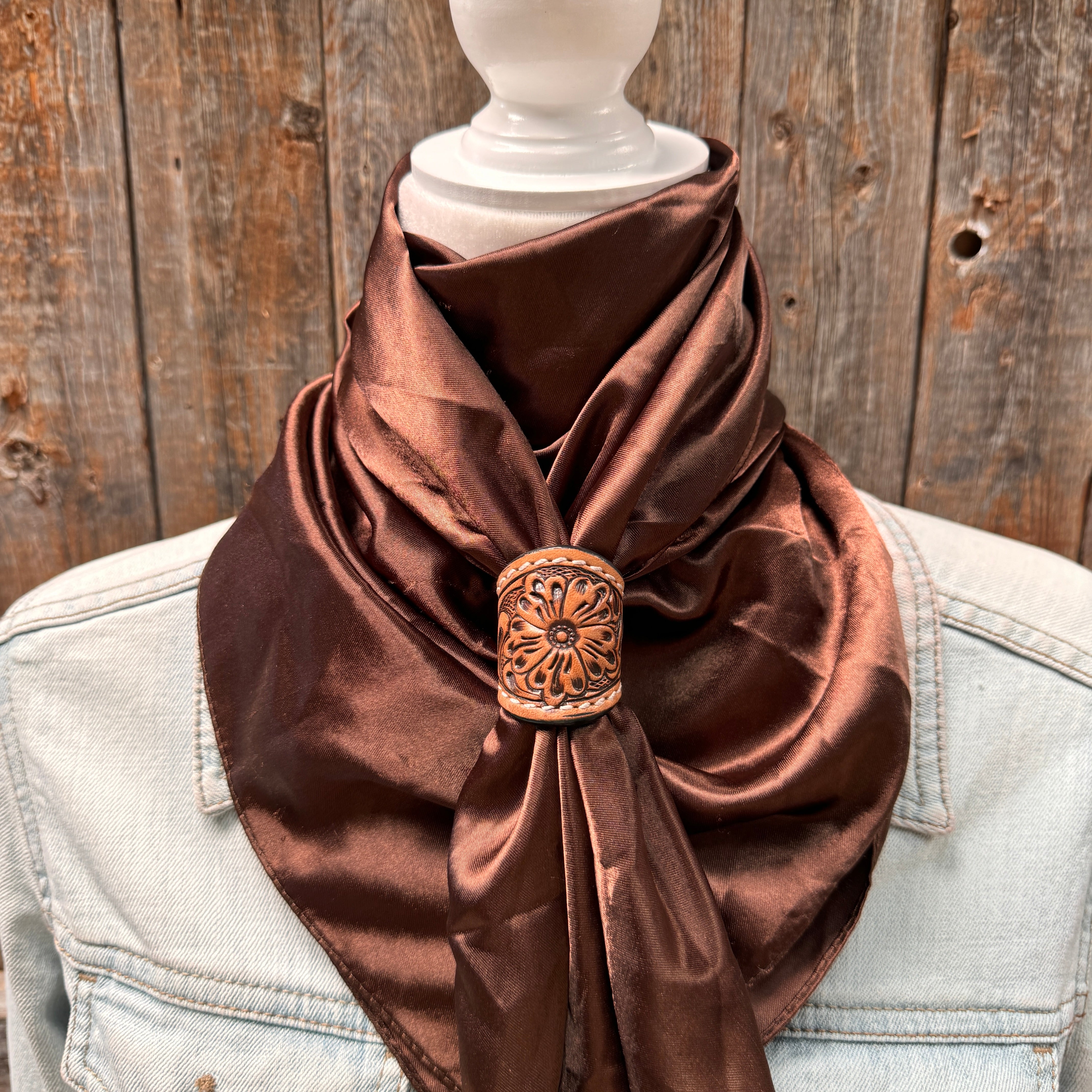 35X35" Solid Brown Wild Rag / Scarf WRS2 - Tooled Leather Wild Rag Slides - Assorted