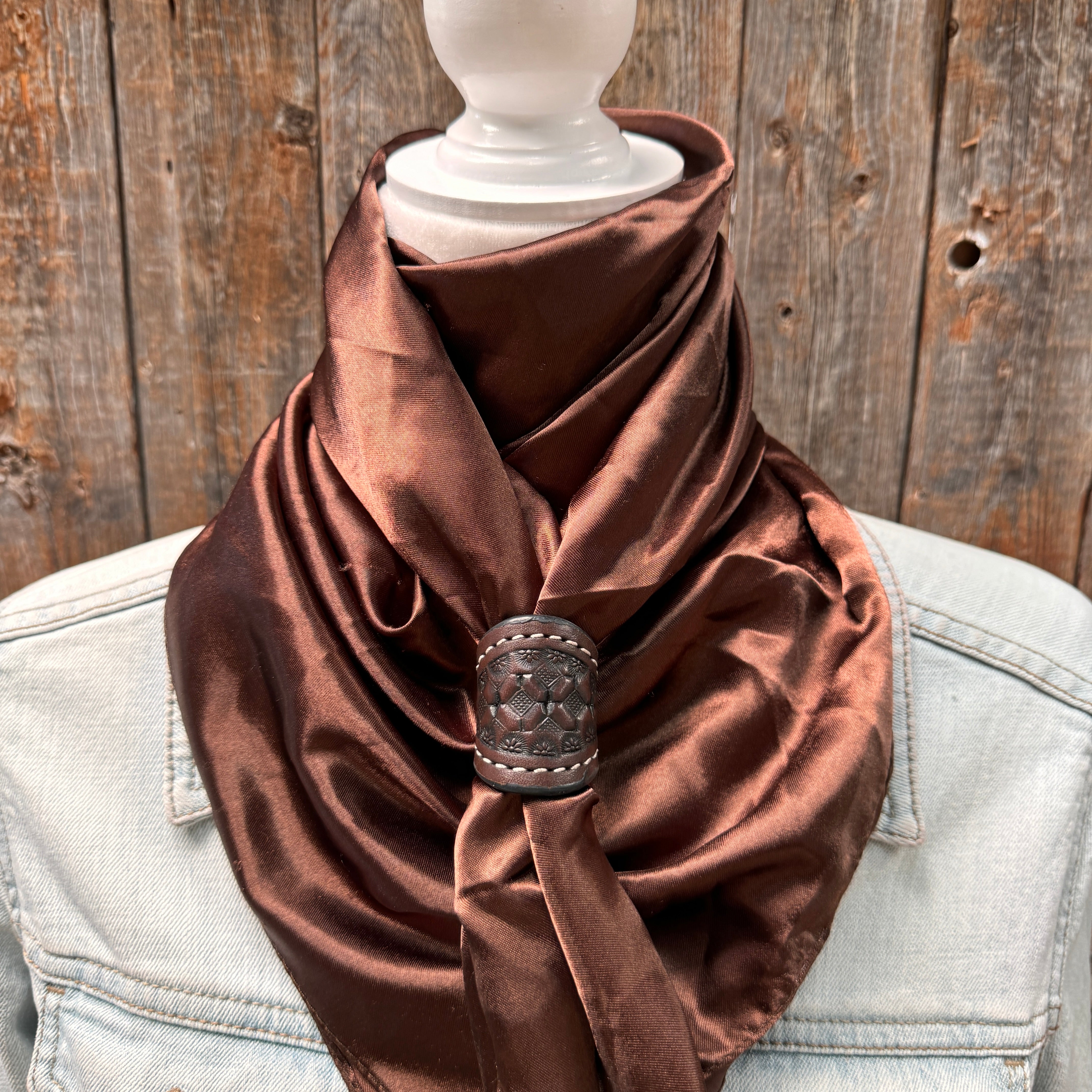 35X35" Solid Brown Wild Rag / Scarf WRS2 - Tooled Leather Wild Rag Slides - Assorted