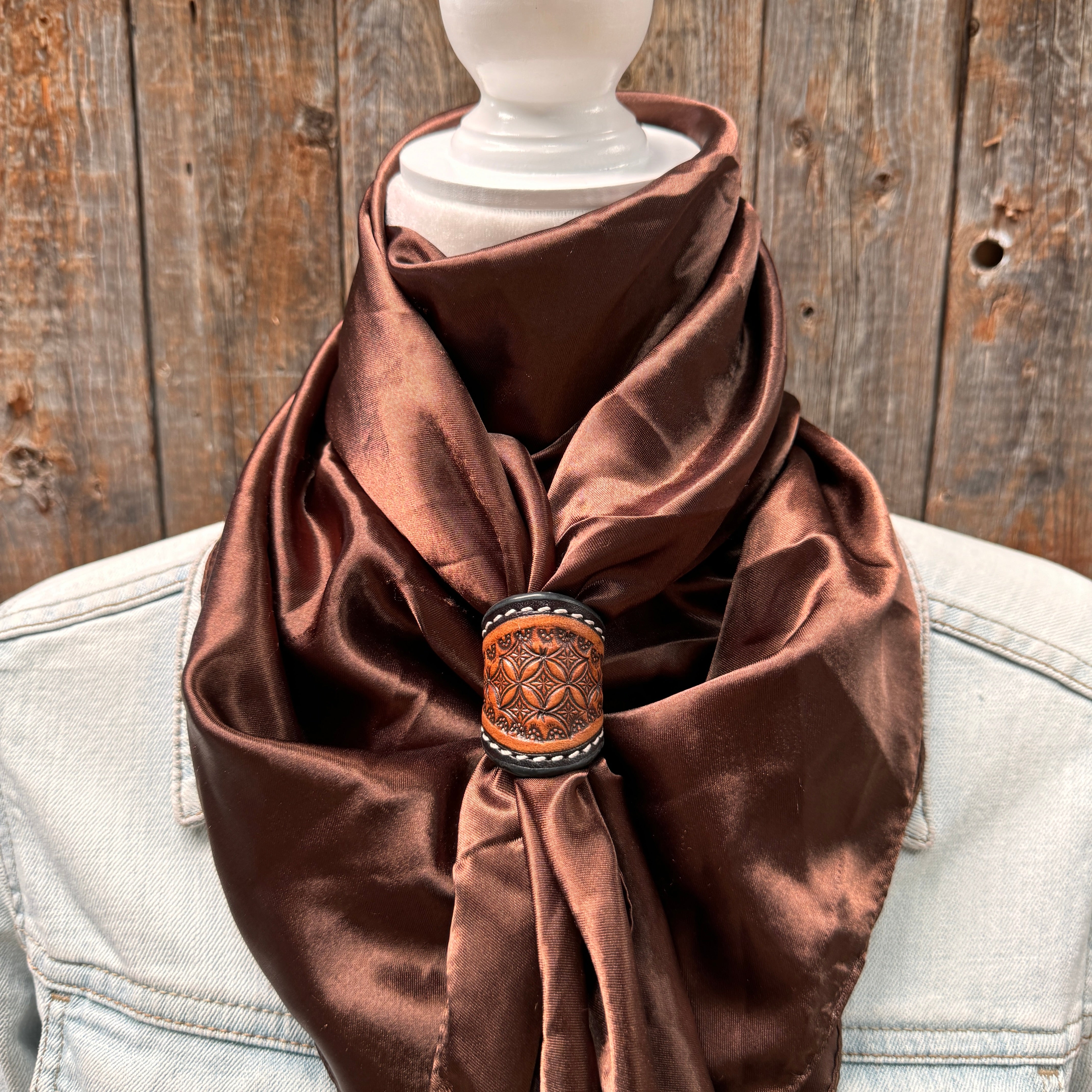 35X35" Solid Brown Wild Rag / Scarf WRS2 - Tooled Leather Wild Rag Slides - Assorted