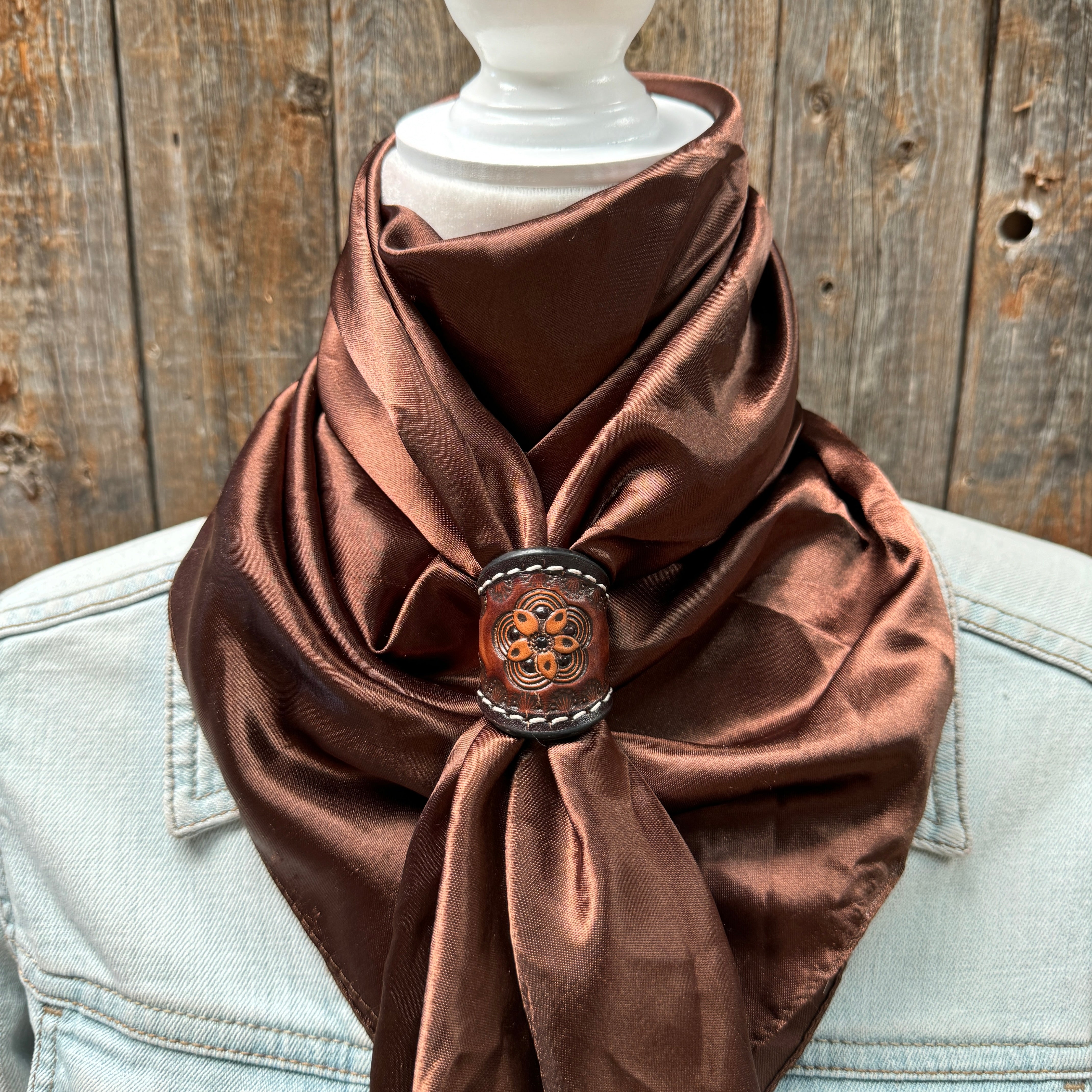 35X35" Solid Brown Wild Rag / Scarf WRS2 - Tooled Leather Wild Rag Slides - Assorted