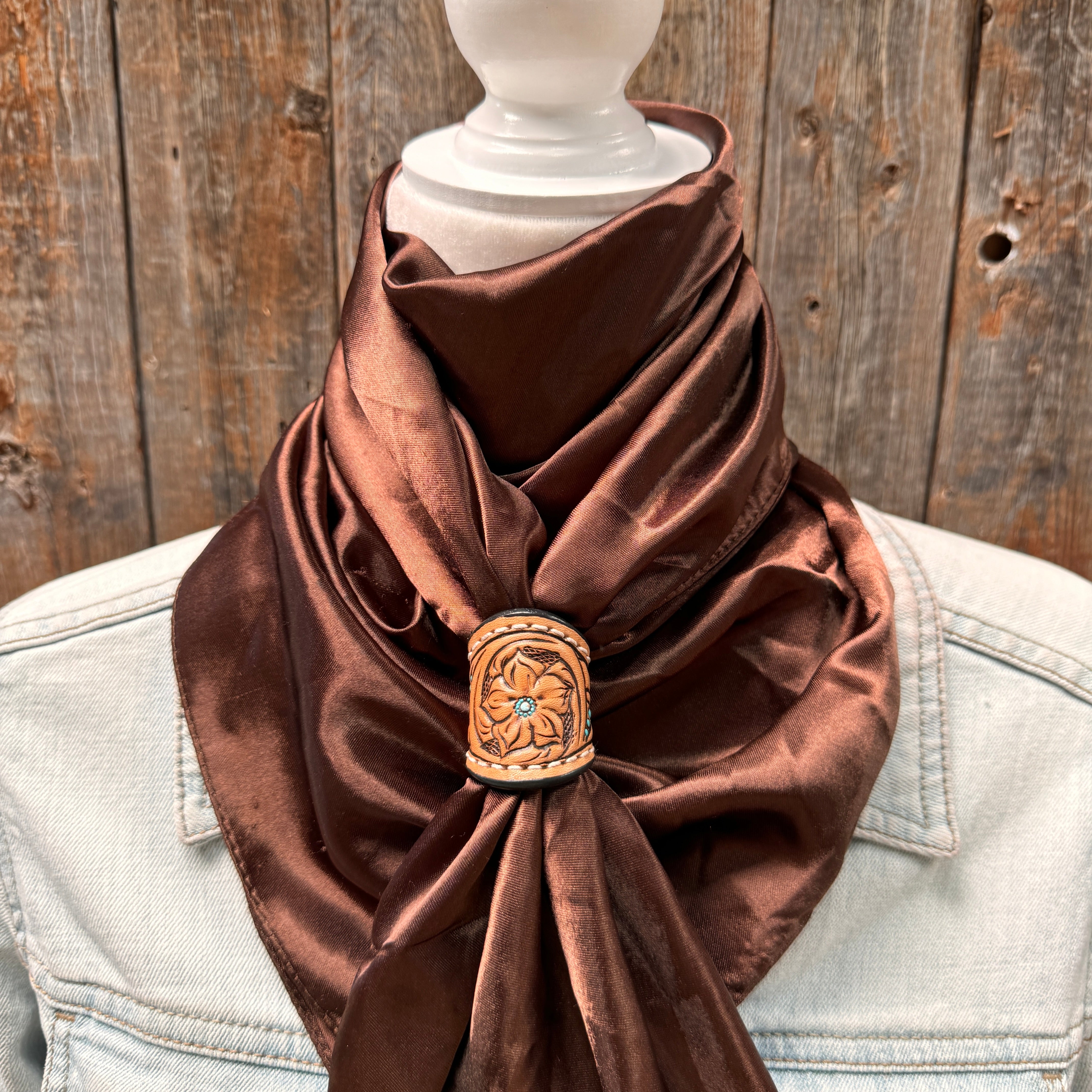 35X35" Solid Brown Wild Rag / Scarf WRS2 - Tooled Leather Wild Rag Slides - Assorted