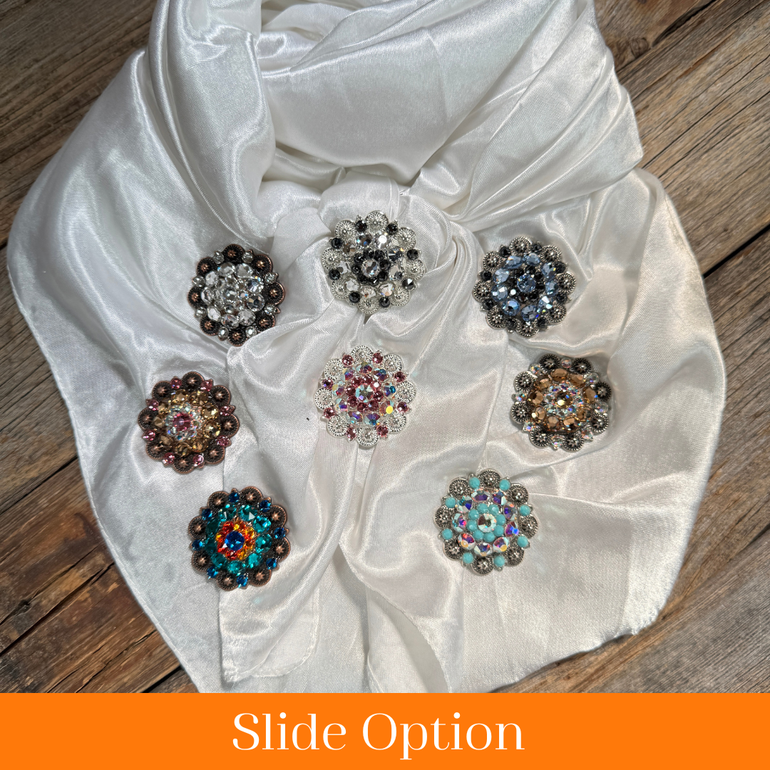 35X35" Solid White Wild Rag / Scarf WRS3 - Crystal Concho Wild Rag Slides - Assorted