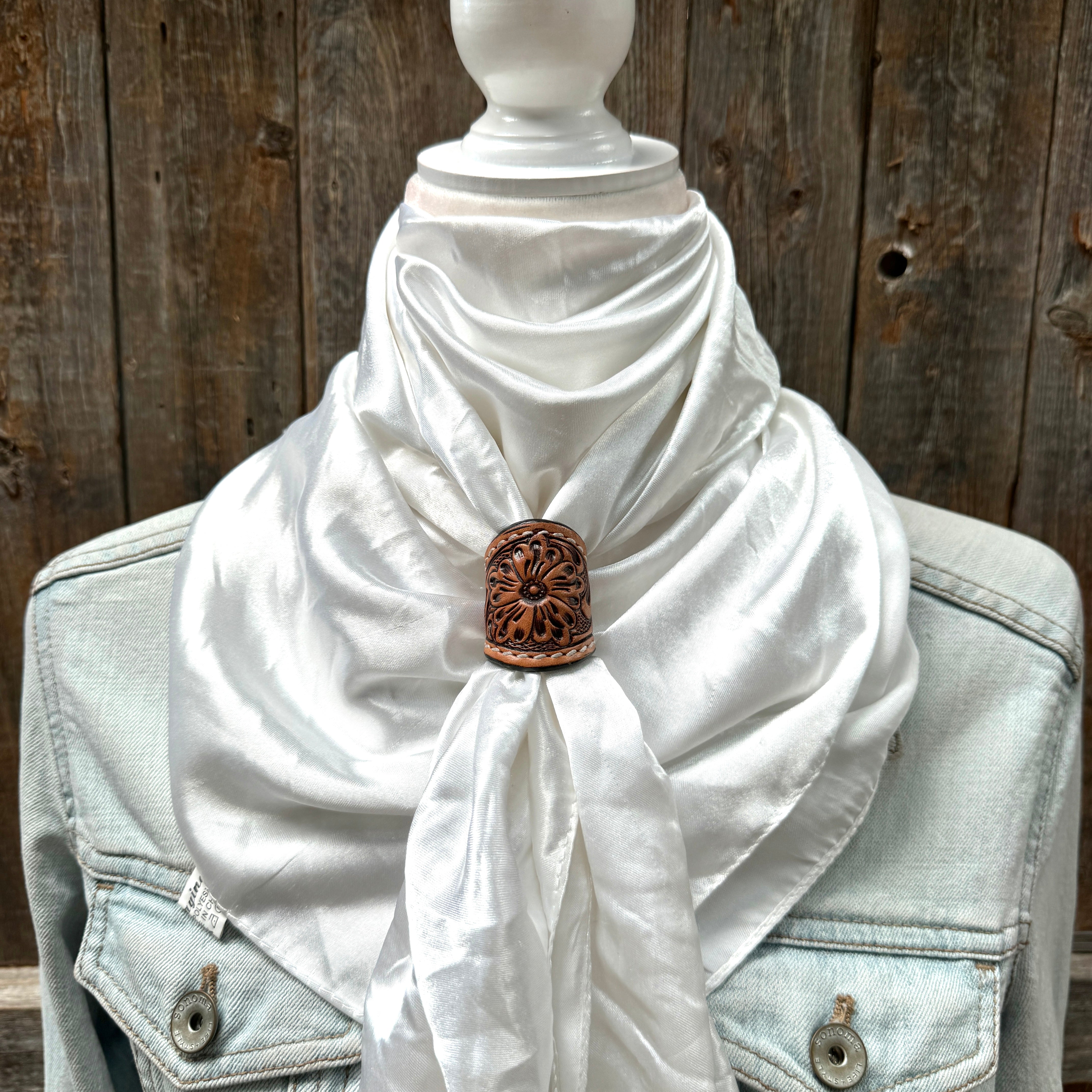 35X35" Solid White Wild Rag / Scarf WRS3 - Tooled Leather Wild Rag Slides - Assorted