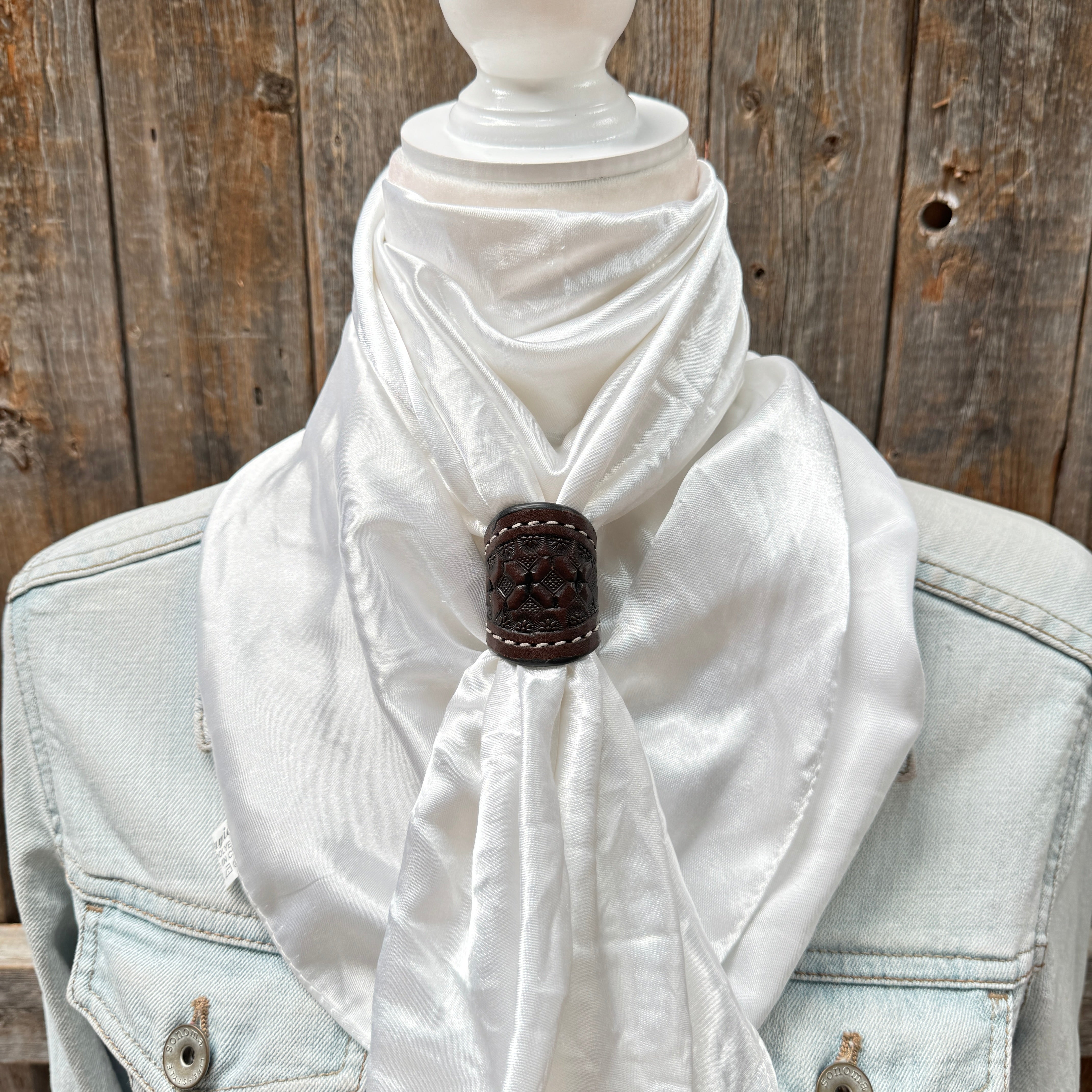 35X35" Solid White Wild Rag / Scarf WRS3 - Tooled Leather Wild Rag Slides - Assorted