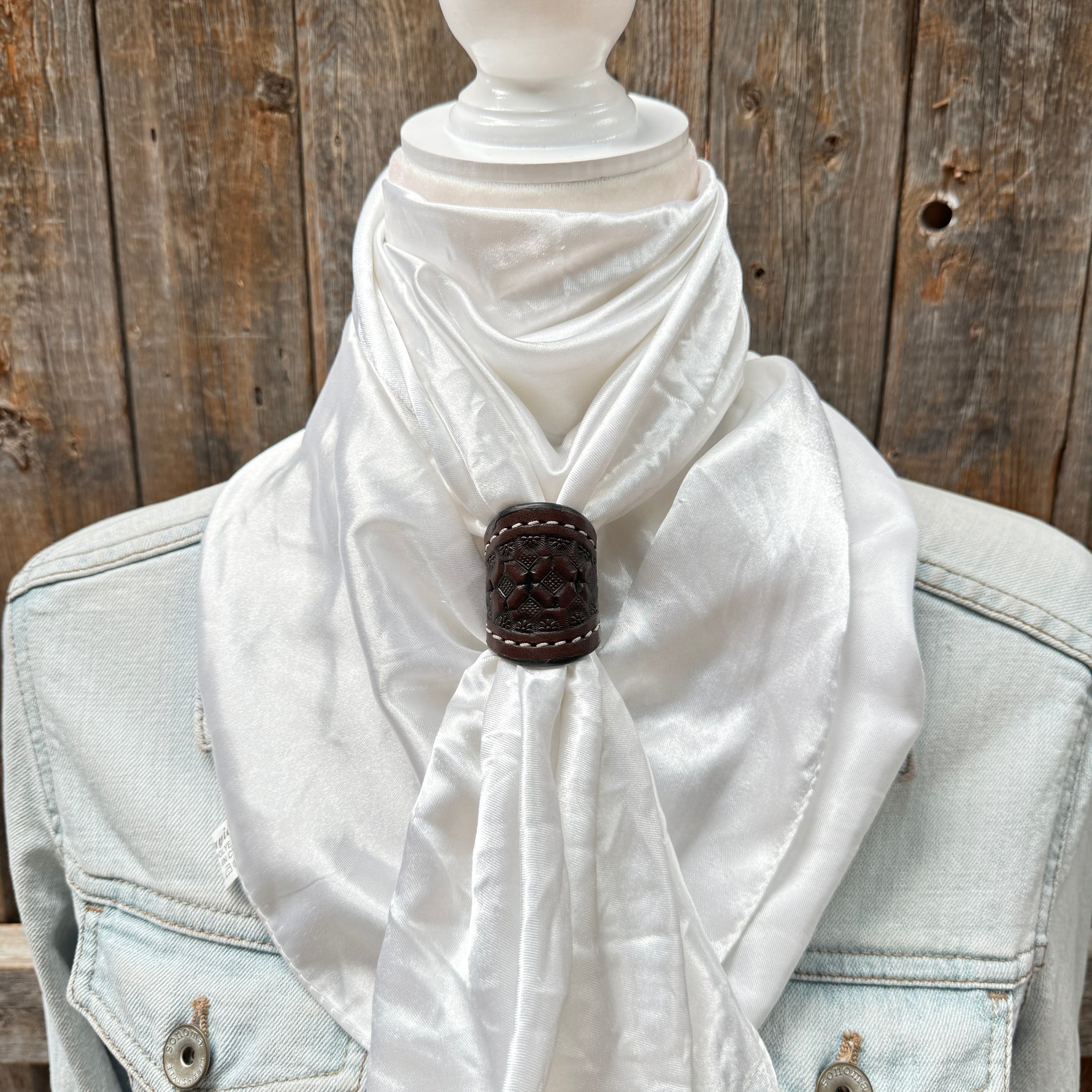 35X35" Solid White Wild Rag / Scarf WRS3 - Tooled Leather Wild Rag Slides - Assorted
