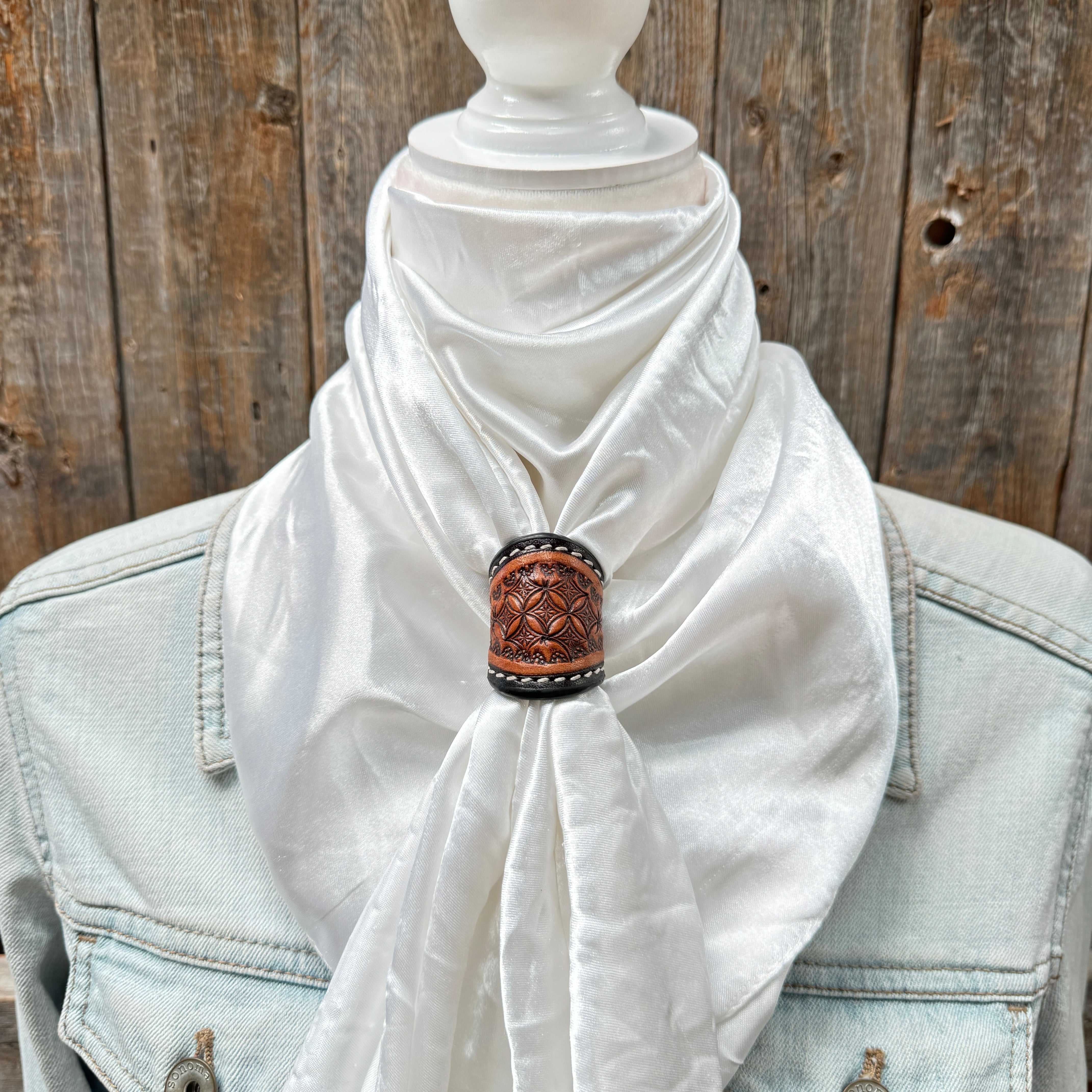 35X35" Solid White Wild Rag / Scarf WRS3 - Tooled Leather Wild Rag Slides - Assorted