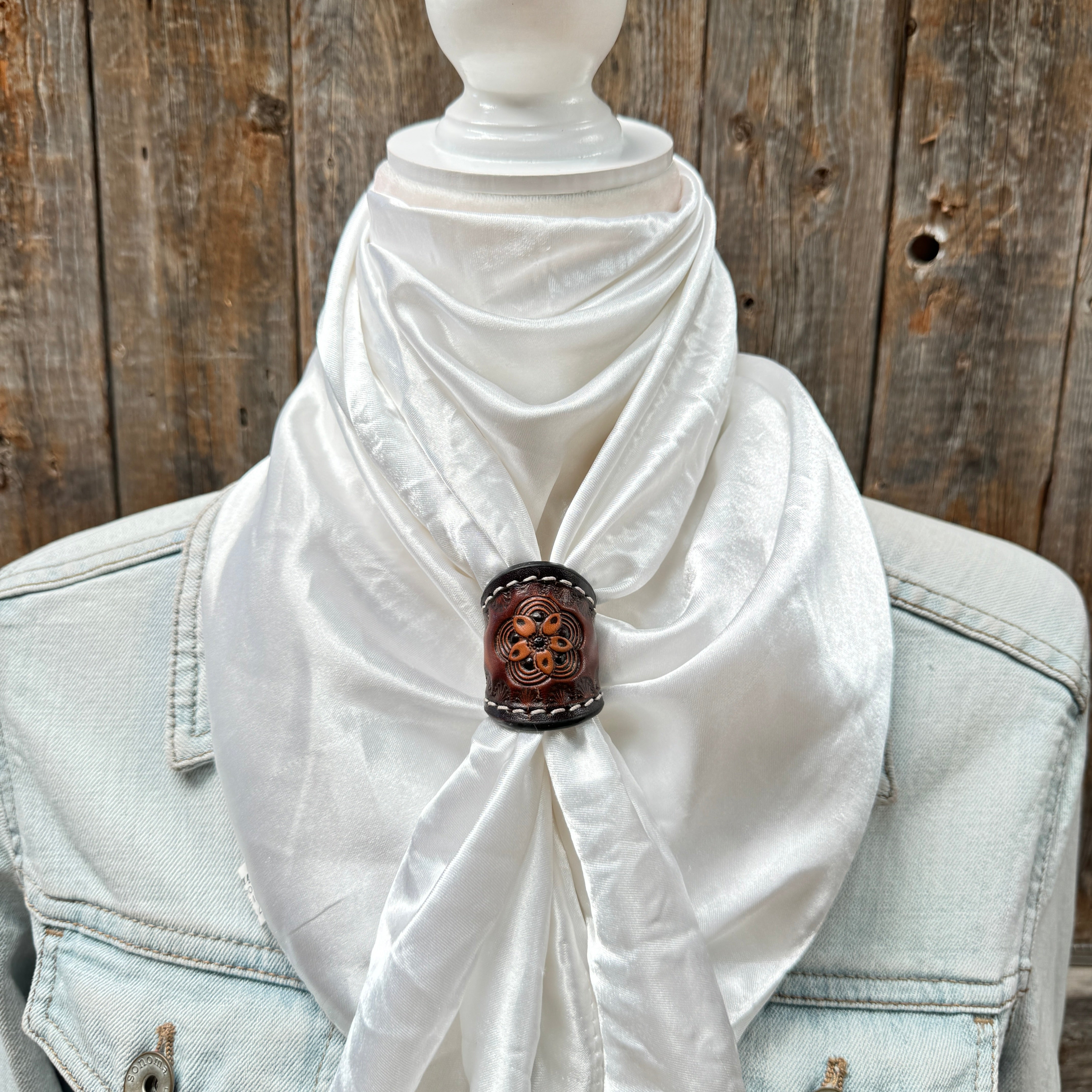 35X35" Solid White Wild Rag / Scarf WRS3 - Tooled Leather Wild Rag Slides - Assorted