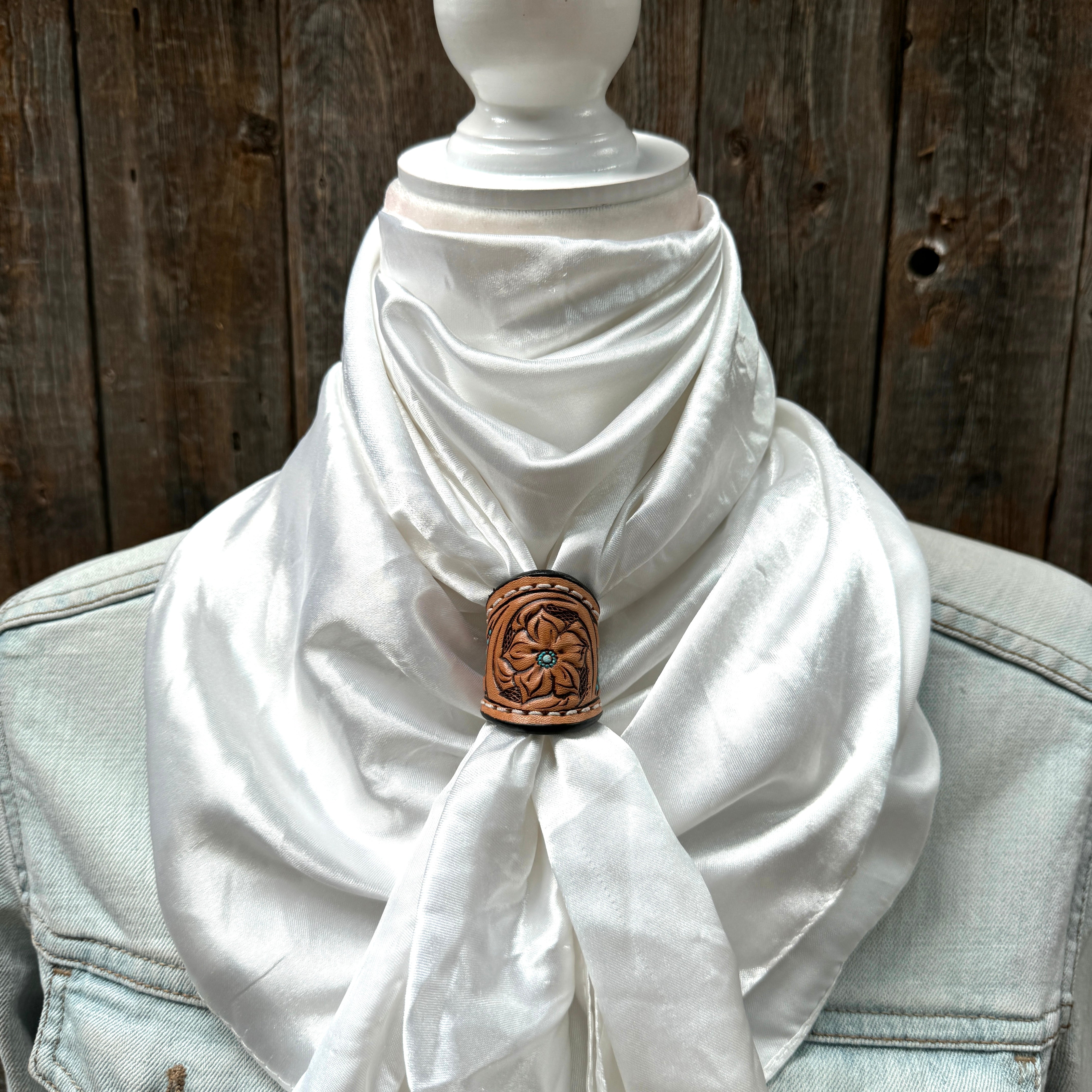 35X35" Solid White Wild Rag / Scarf WRS3 - Tooled Leather Wild Rag Slides - Assorted