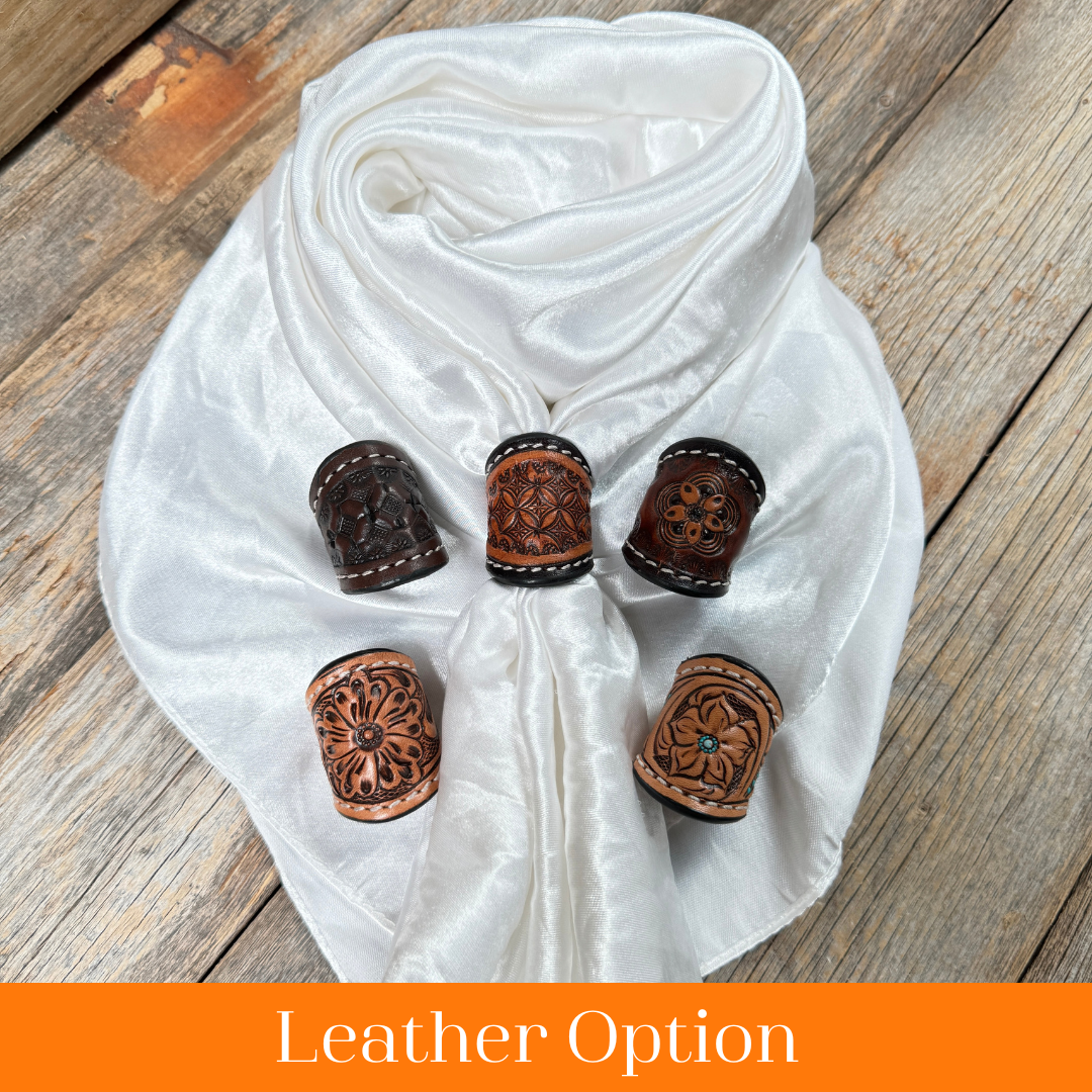 35X35" Solid White Wild Rag / Scarf WRS3 - Tooled Leather Wild Rag Slides - Assorted