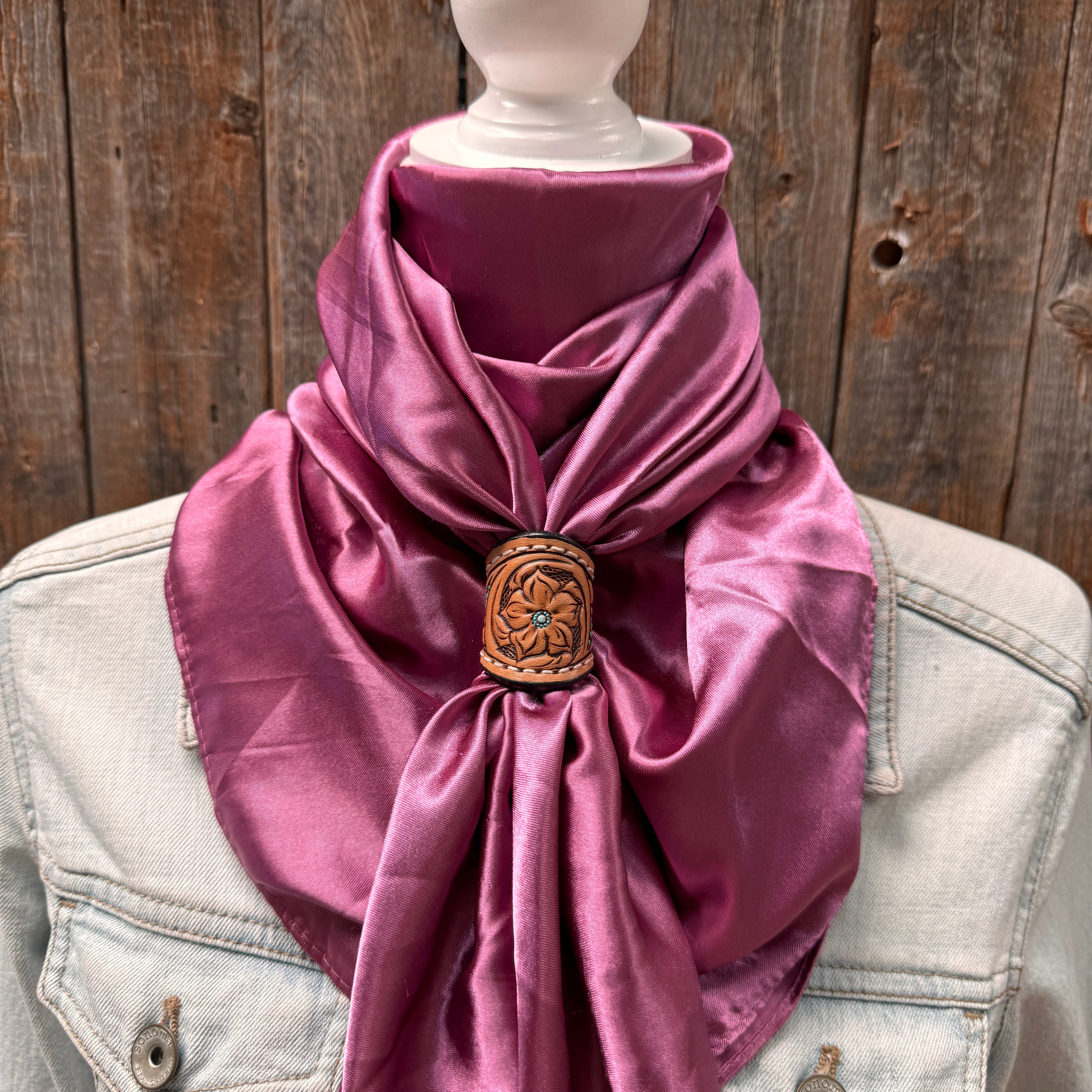 35X35" Solid Rose Wild Rag / Scarf WRS6 - Tooled Leather Wild Rag Slides - Assorted