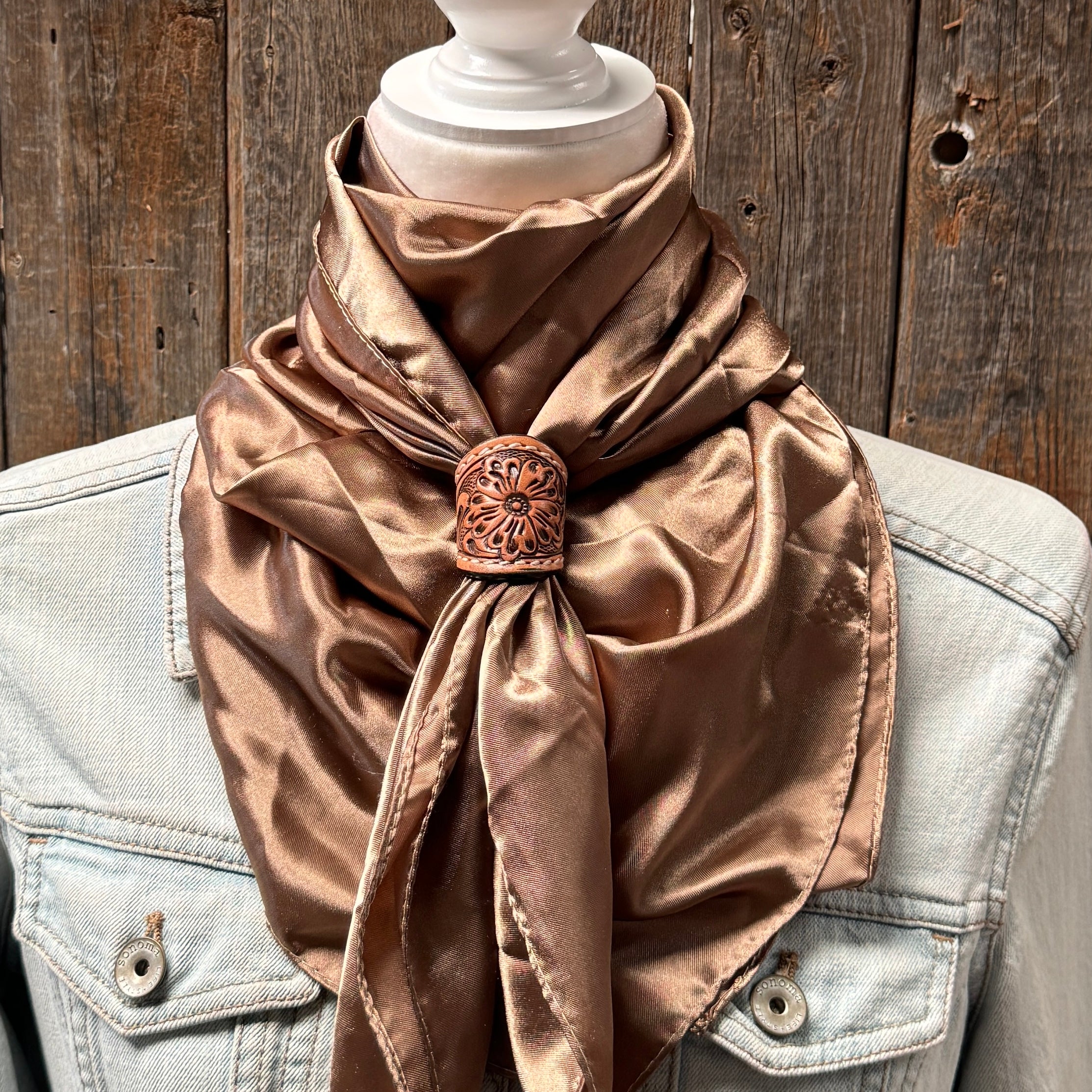 35X35" Solid Tan Wild Rag / Scarf WRS7 - Tooled Leather Wild Rag Slides - Assorted