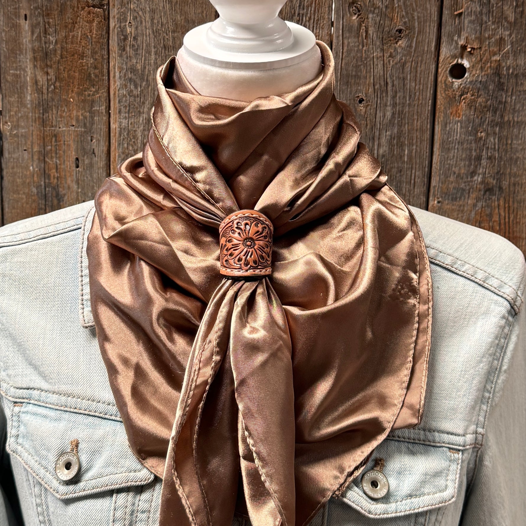 35X35" Solid Tan Wild Rag / Scarf WRS7 - Tooled Leather Wild Rag Slides - Assorted