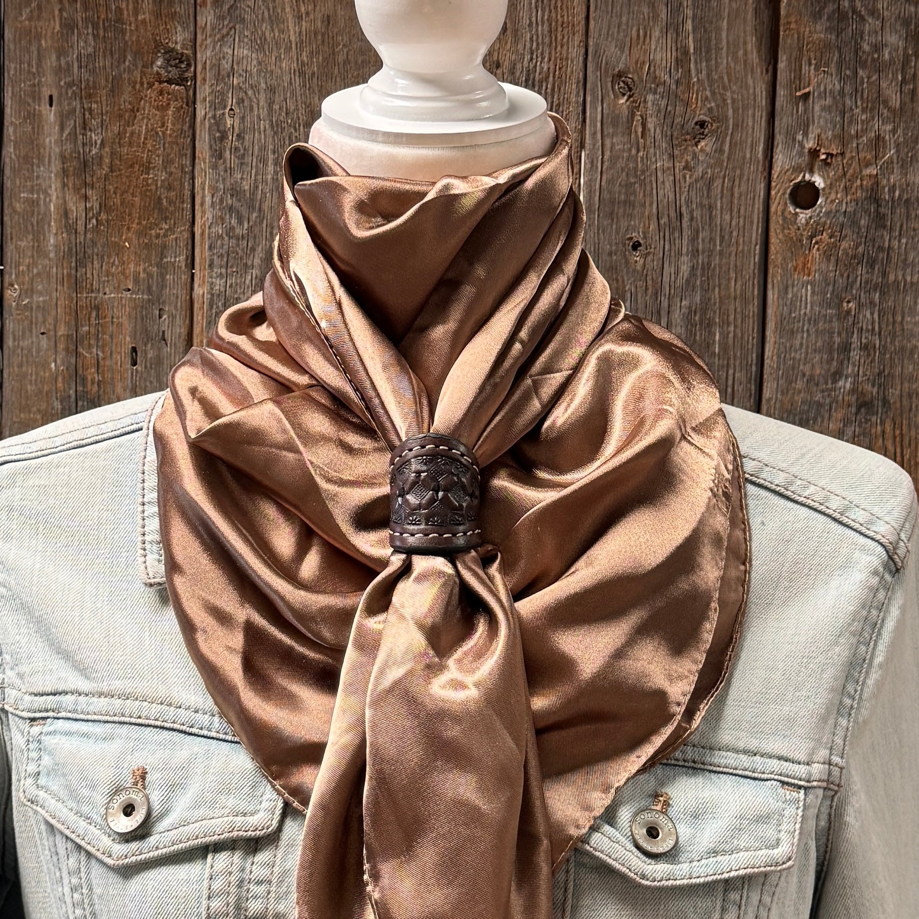 35X35" Solid Tan Wild Rag / Scarf WRS7 - Tooled Leather Wild Rag Slides - Assorted