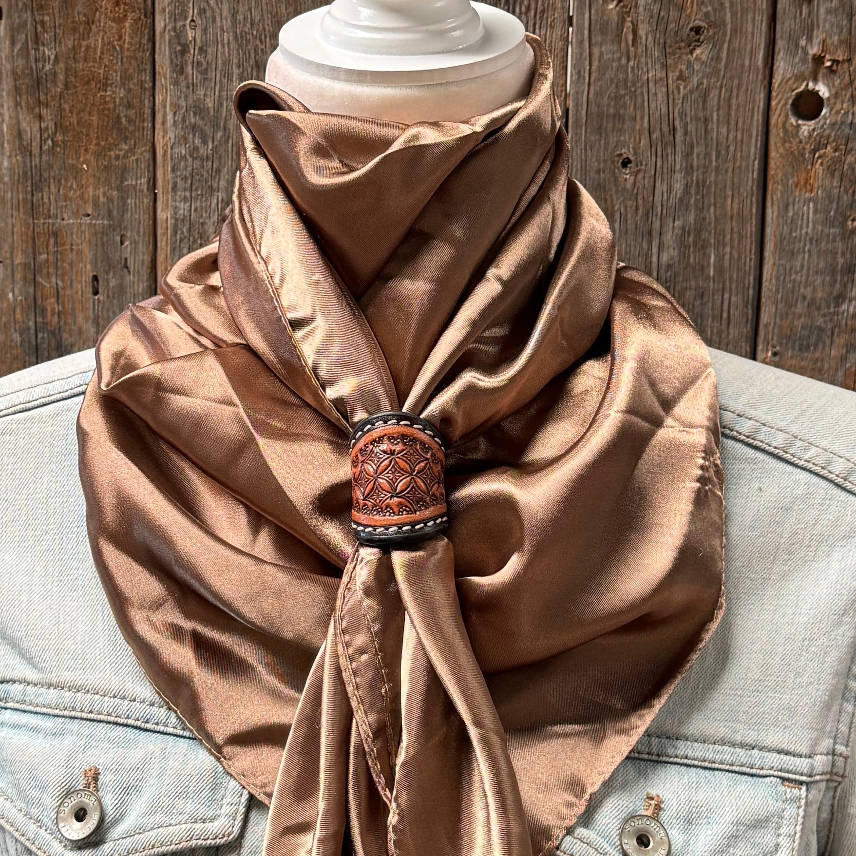 35X35" Solid Tan Wild Rag / Scarf WRS7 - Tooled Leather Wild Rag Slides - Assorted