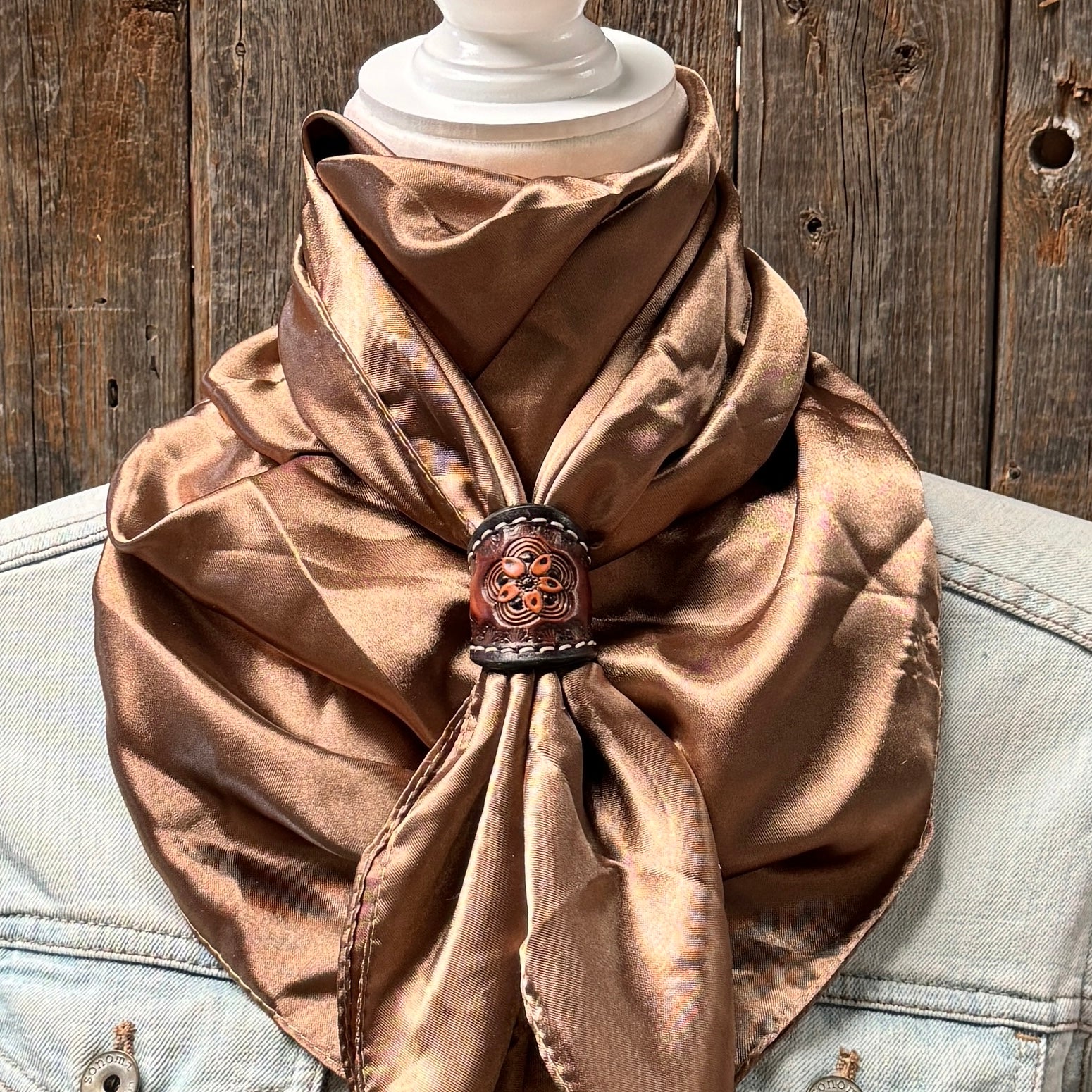 35X35" Solid Tan Wild Rag / Scarf WRS7 - Tooled Leather Wild Rag Slides - Assorted