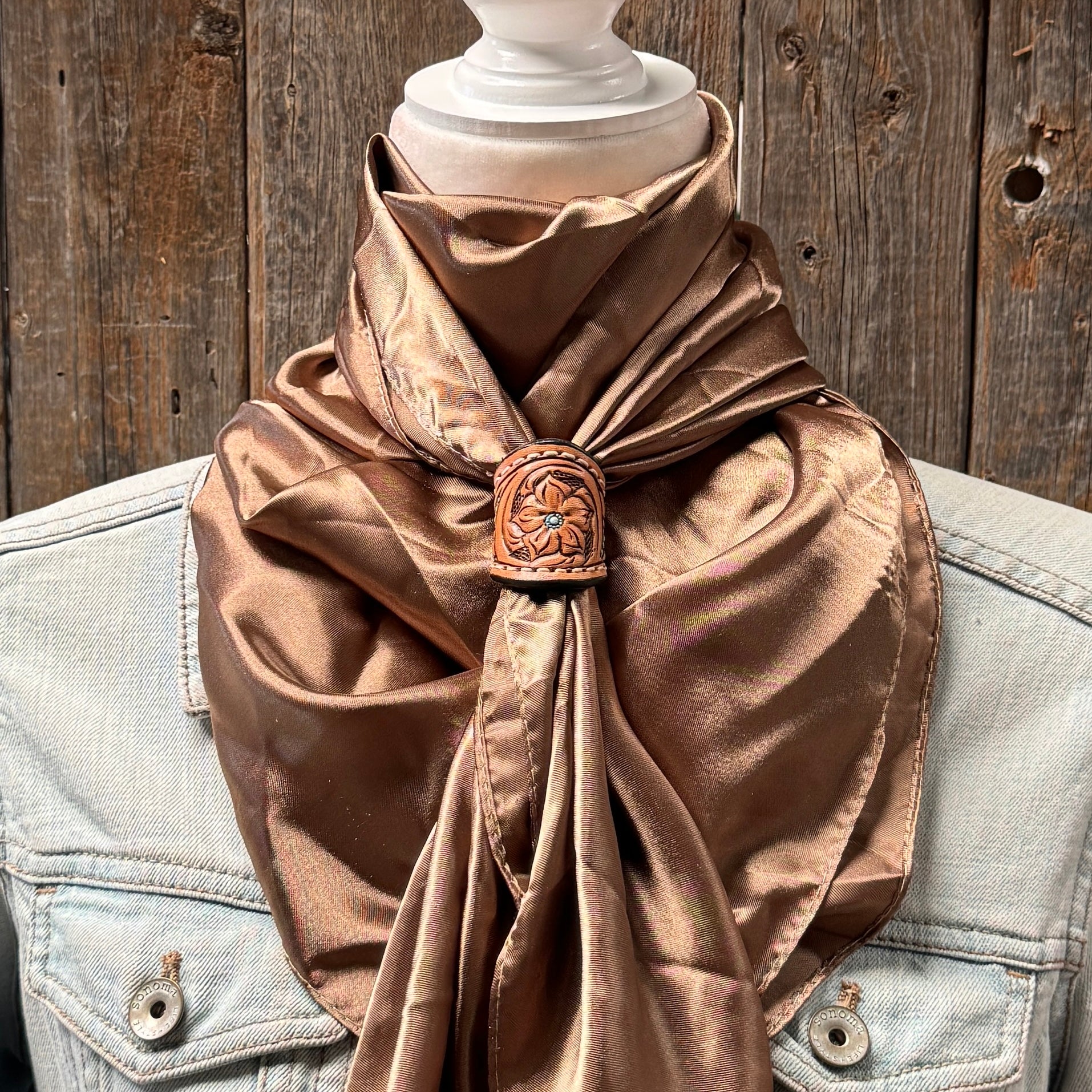 35X35" Solid Tan Wild Rag / Scarf WRS7 - Tooled Leather Wild Rag Slides - Assorted