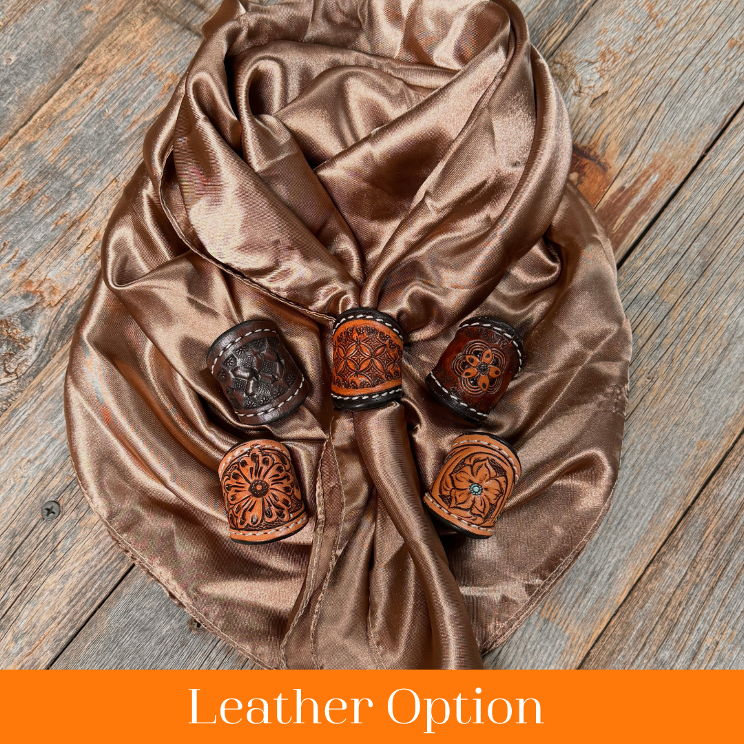 35X35" Solid Tan Wild Rag / Scarf WRS7 - Tooled Leather Wild Rag Slides - Assorted