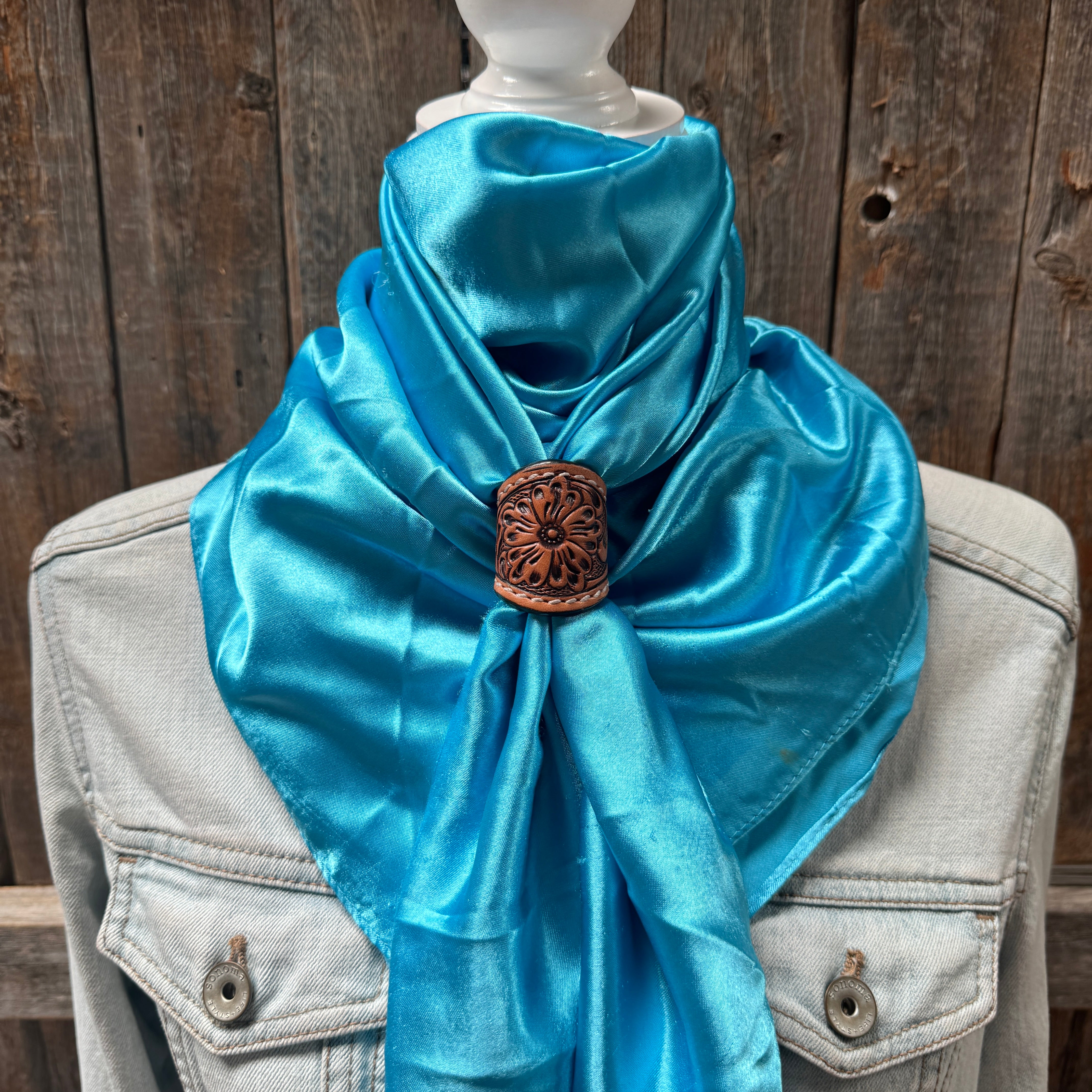 35X35" Solid Aqua Wild Rag / Scarf WRS8 - Tooled Leather Wild Rag Slides - Assorted