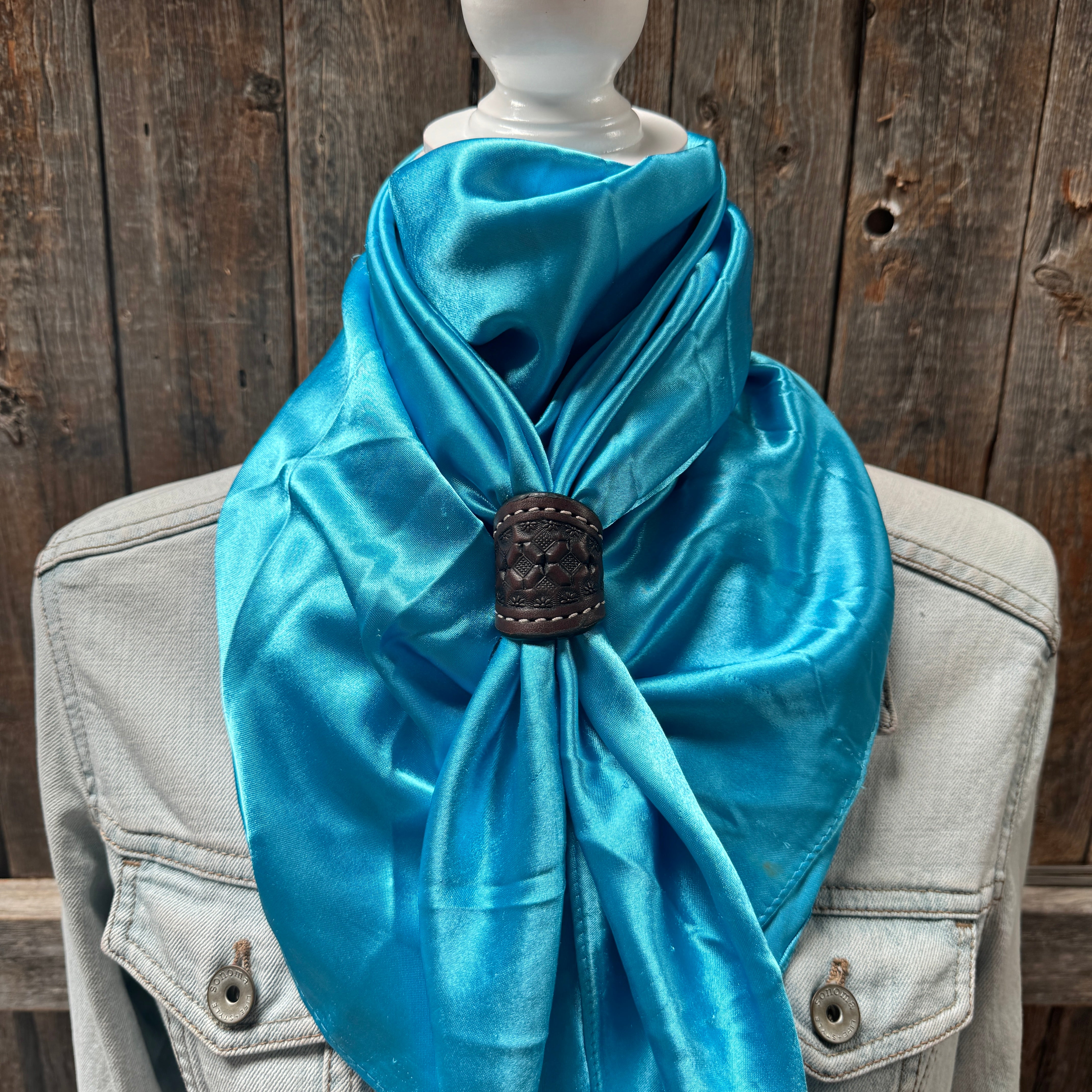 35X35" Solid Aqua Wild Rag / Scarf WRS8 - Tooled Leather Wild Rag Slides - Assorted