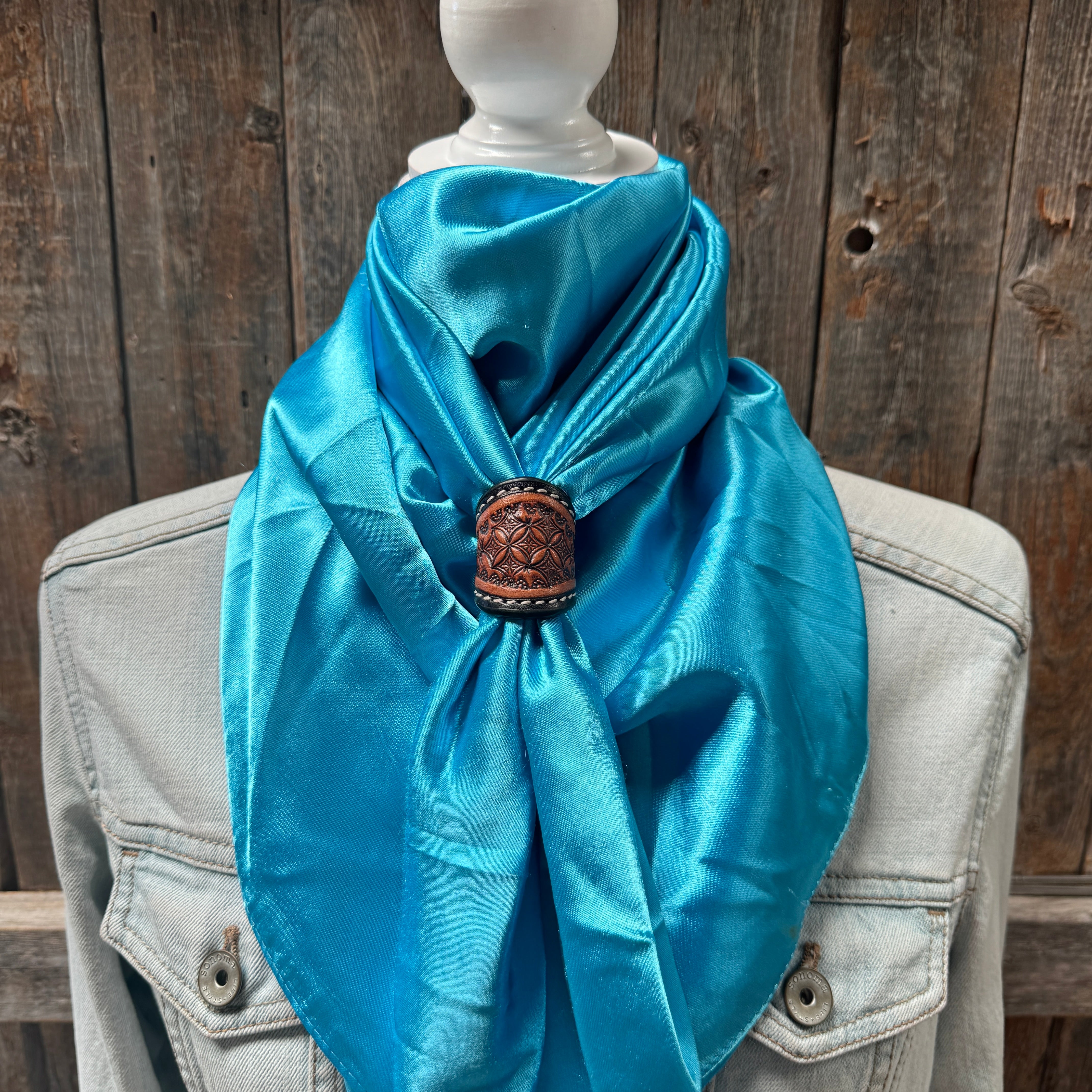 35X35" Solid Aqua Wild Rag / Scarf WRS8 - Tooled Leather Wild Rag Slides - Assorted