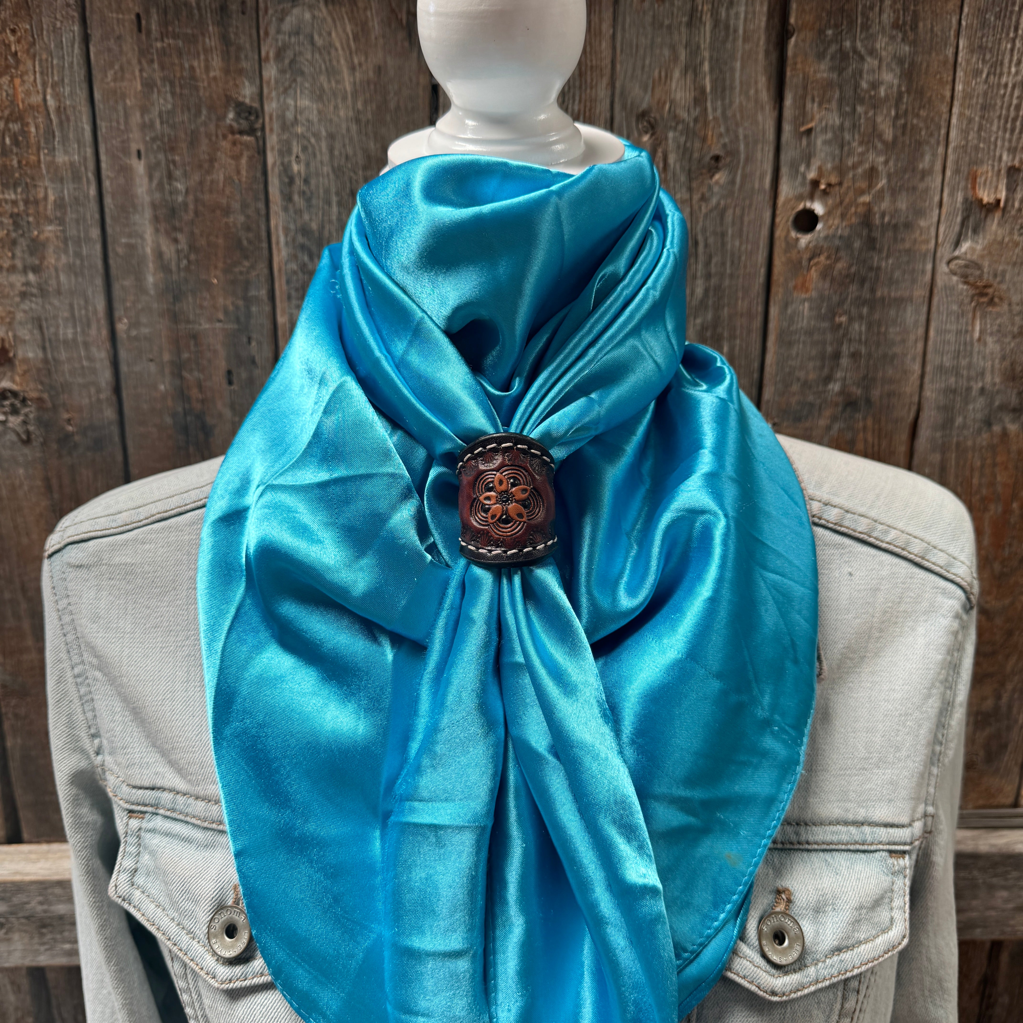 35X35" Solid Aqua Wild Rag / Scarf WRS8 - Tooled Leather Wild Rag Slides - Assorted