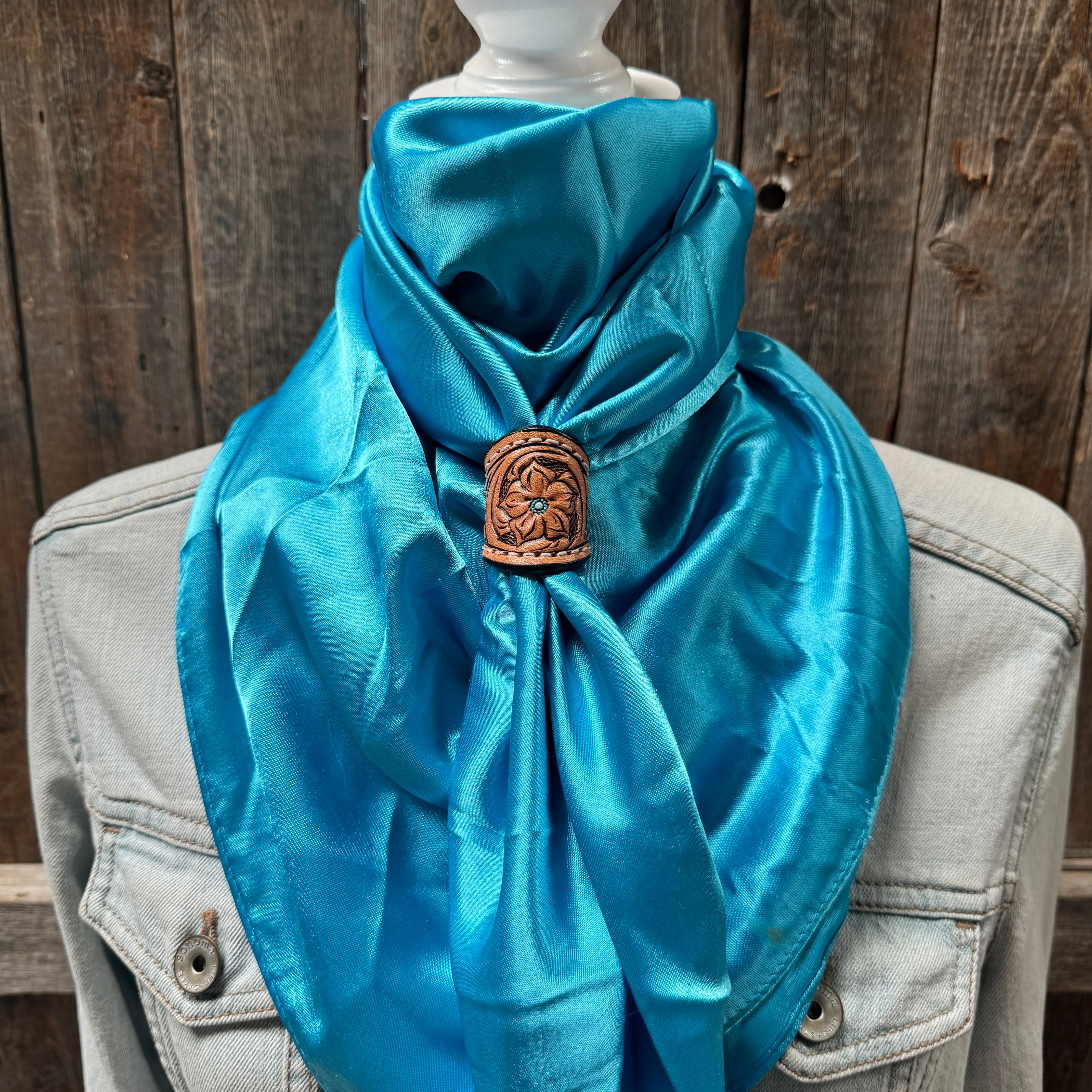 35X35" Solid Aqua Wild Rag / Scarf WRS8 - Tooled Leather Wild Rag Slides - Assorted