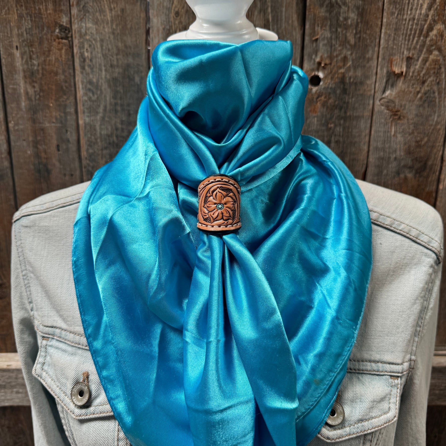 35X35" Solid Aqua Wild Rag / Scarf WRS8 - Tooled Leather Wild Rag Slides - Assorted