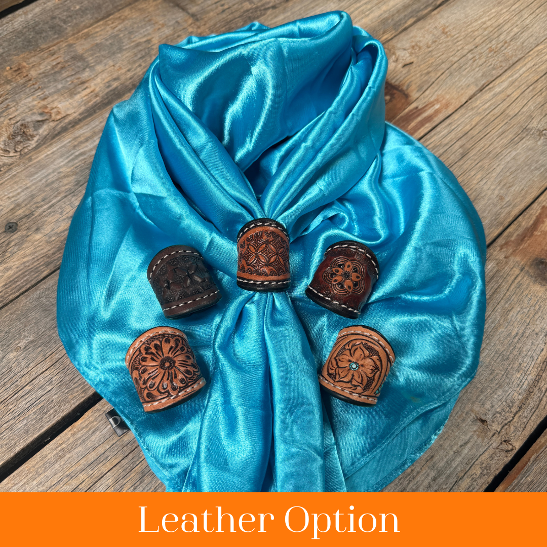 35X35" Solid Aqua Wild Rag / Scarf WRS8 - Tooled Leather Wild Rag Slides - Assorted