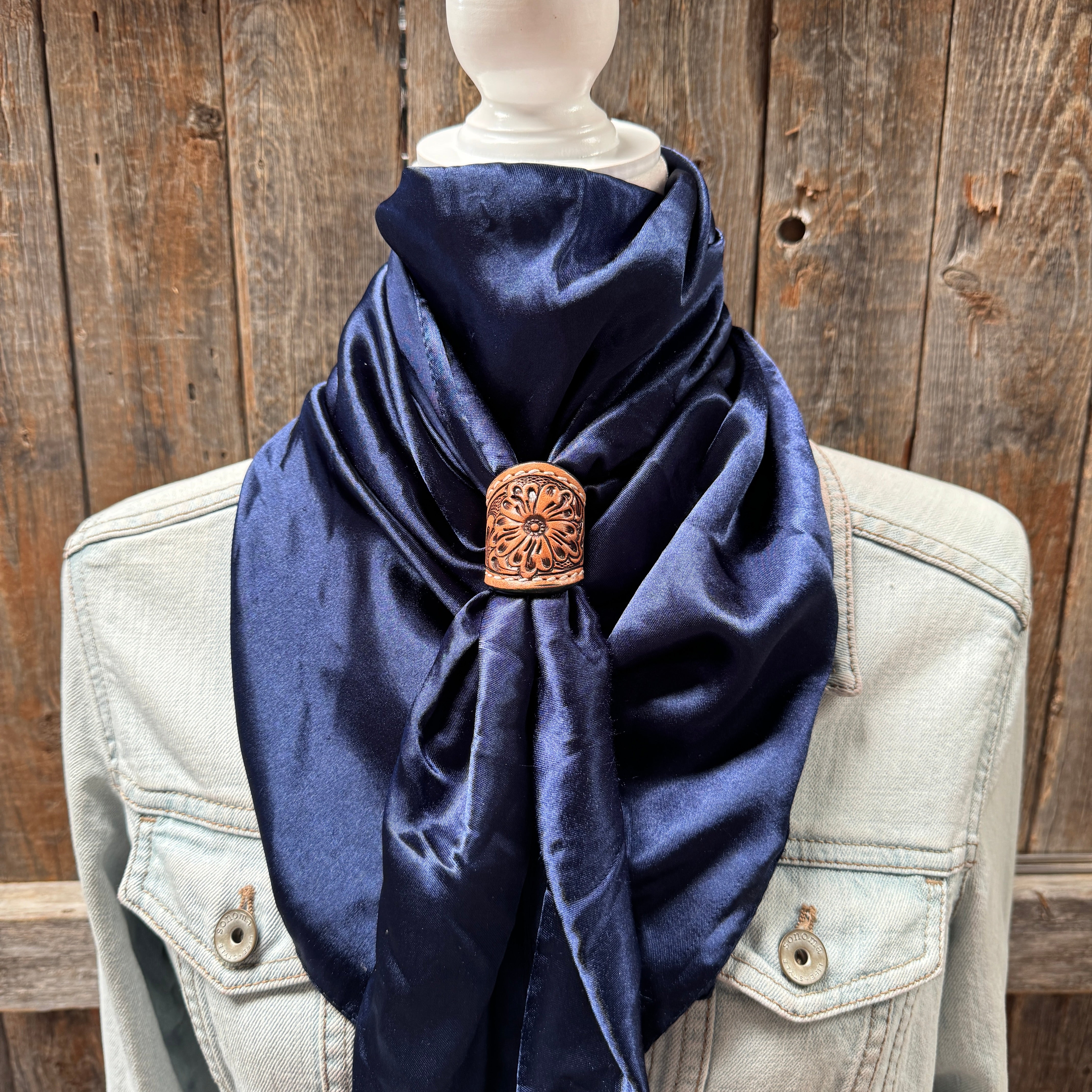 35X35" Solid Dark Blue Wild Rag / Scarf WRS9 - Tooled Leather Wild Rag Slides - Assorted