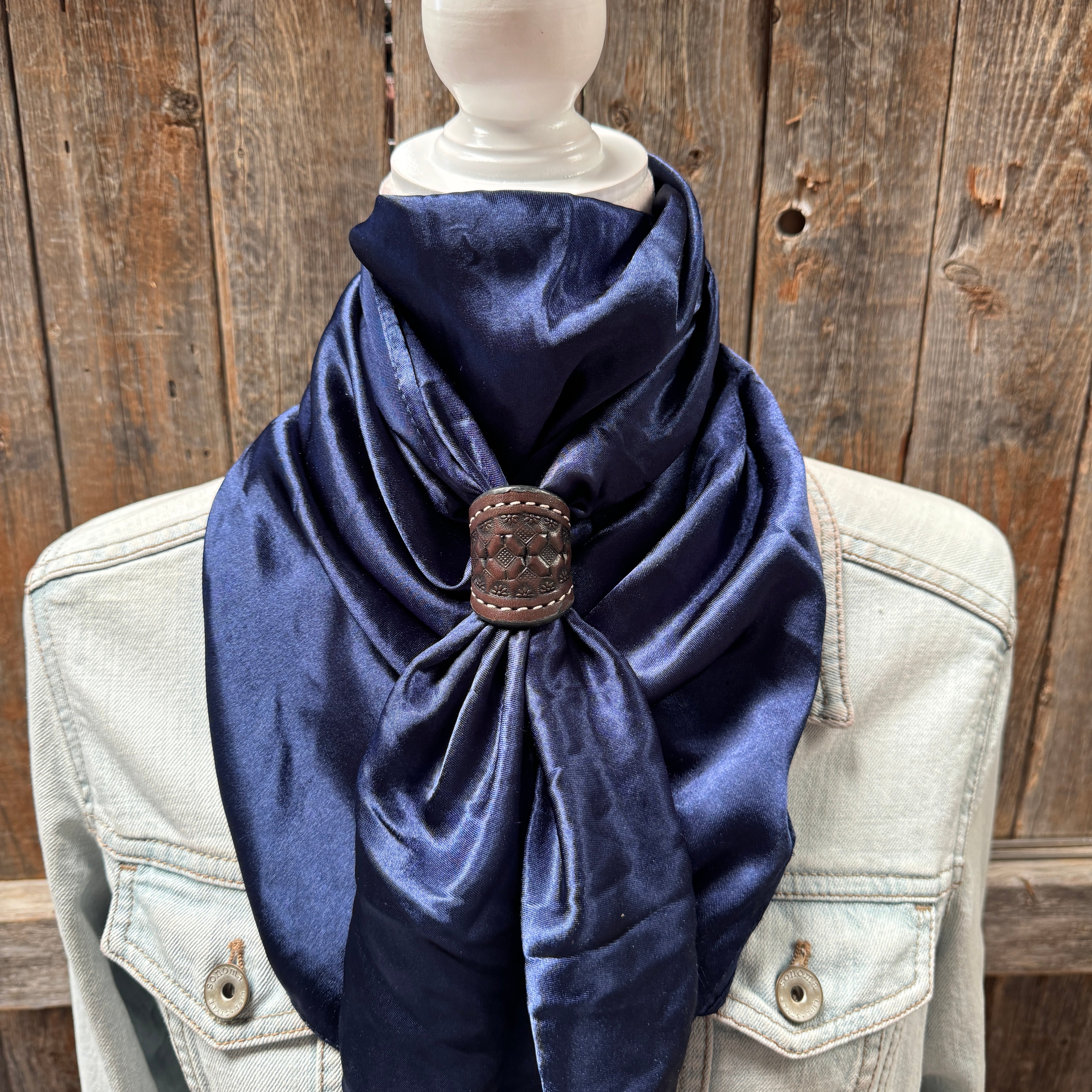 35X35" Solid Dark Blue Wild Rag / Scarf WRS9 - Tooled Leather Wild Rag Slides - Assorted