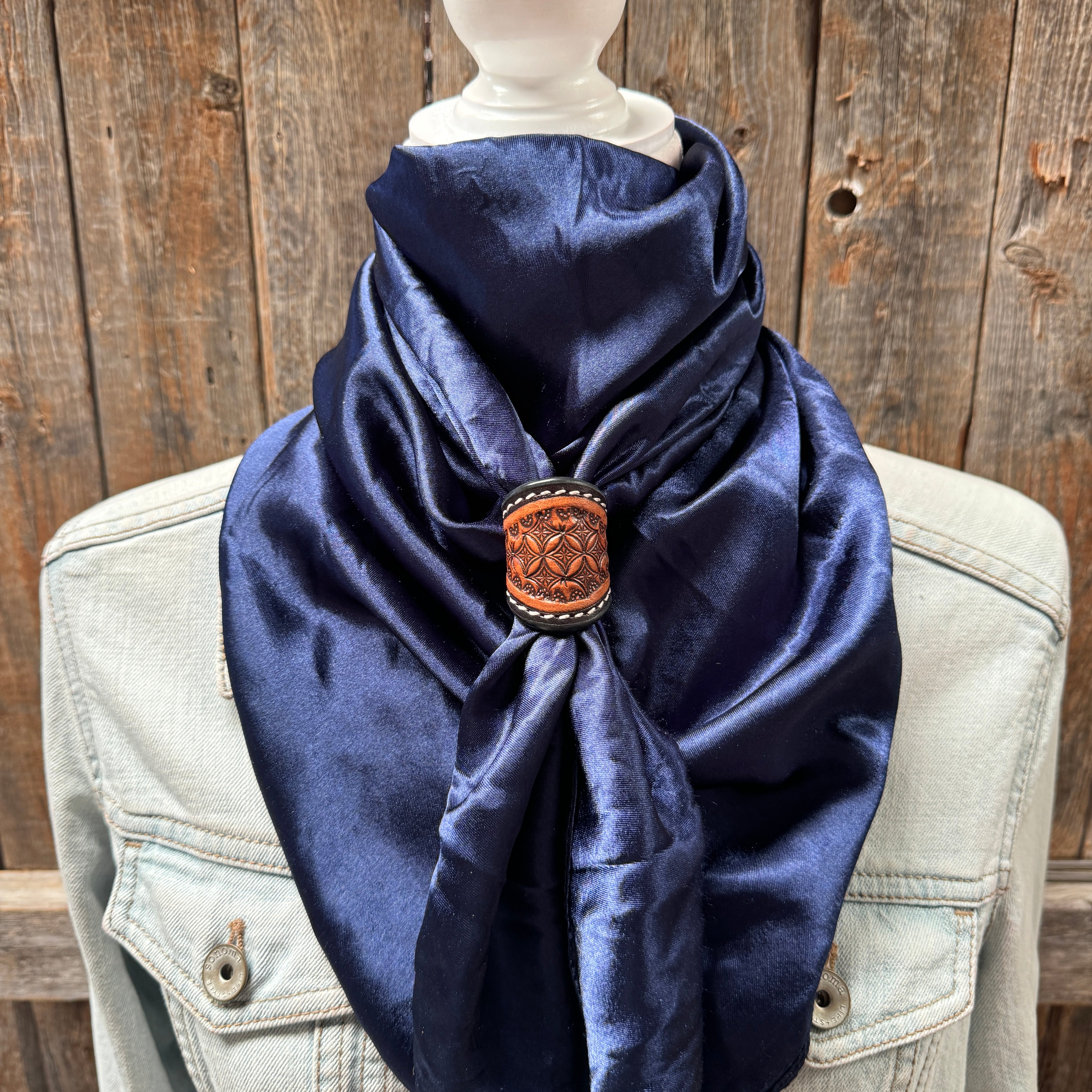 35X35" Solid Dark Blue Wild Rag / Scarf WRS9 - Tooled Leather Wild Rag Slides - Assorted